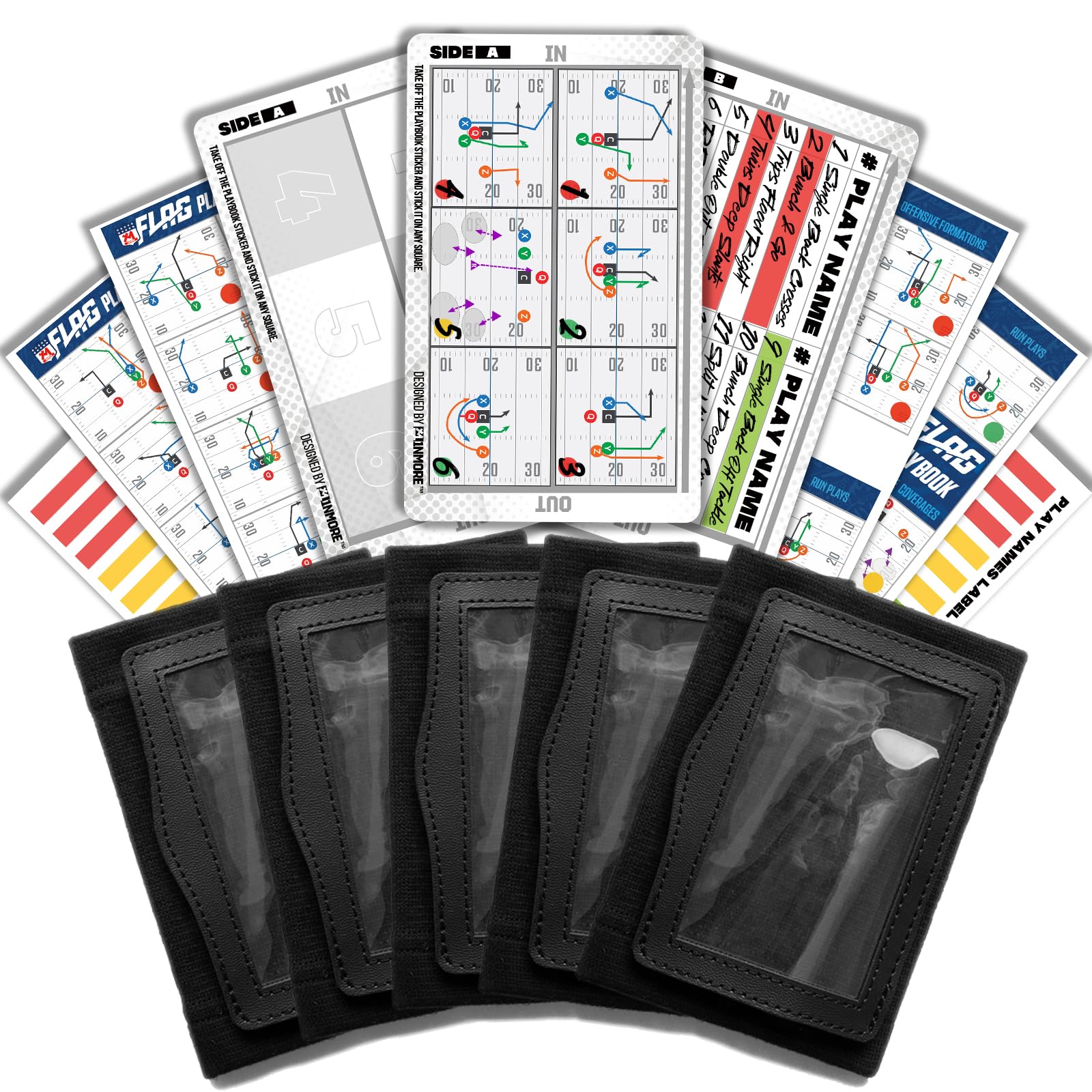 1NMORE Football Wristbands with Playbook System, Quarterback Play Triple Wrist Coach with 5on5 Youth Football Playbook 43 Tactics Stickers & 3 Sign Cards 5 Pack