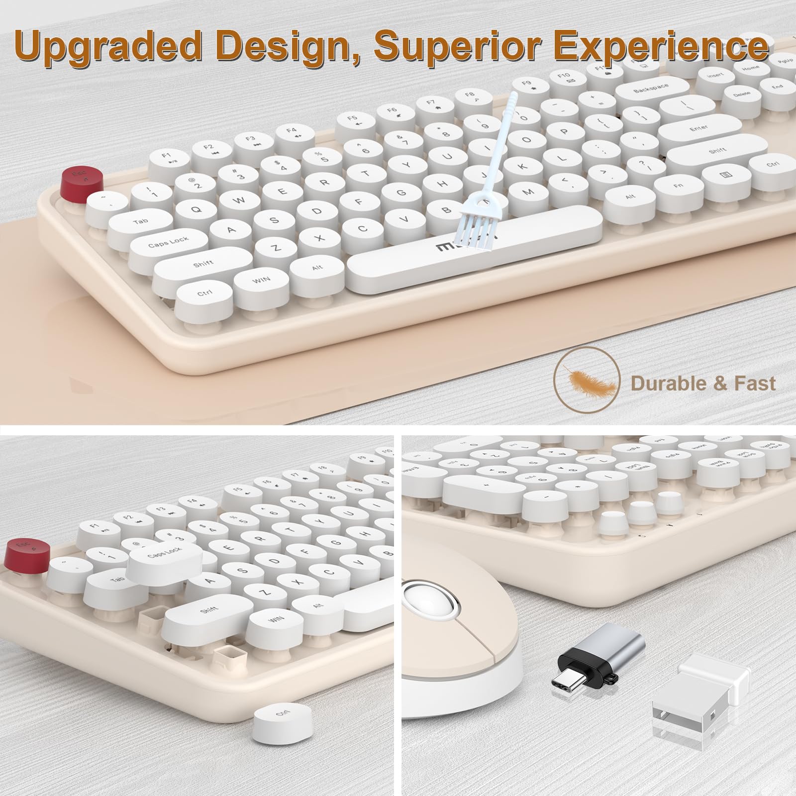 COOFUN - Tastiera senza fili con 104 tasti, colore crema, tastiera ergonomica senza fili, stile retrò, per Windows, PC, laptop, desktop (crema)
