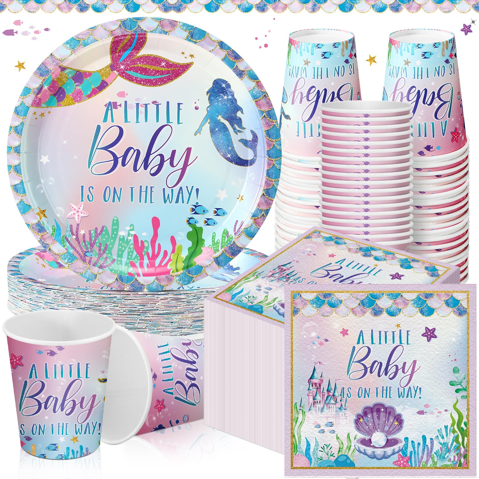 200 Pcs Mermaid Baby Shower Paper Plates Napkins Cups Under the Sea Baby Shower Party Supplies Tableware Set Purple Green Disposable Cup Napkin for 50