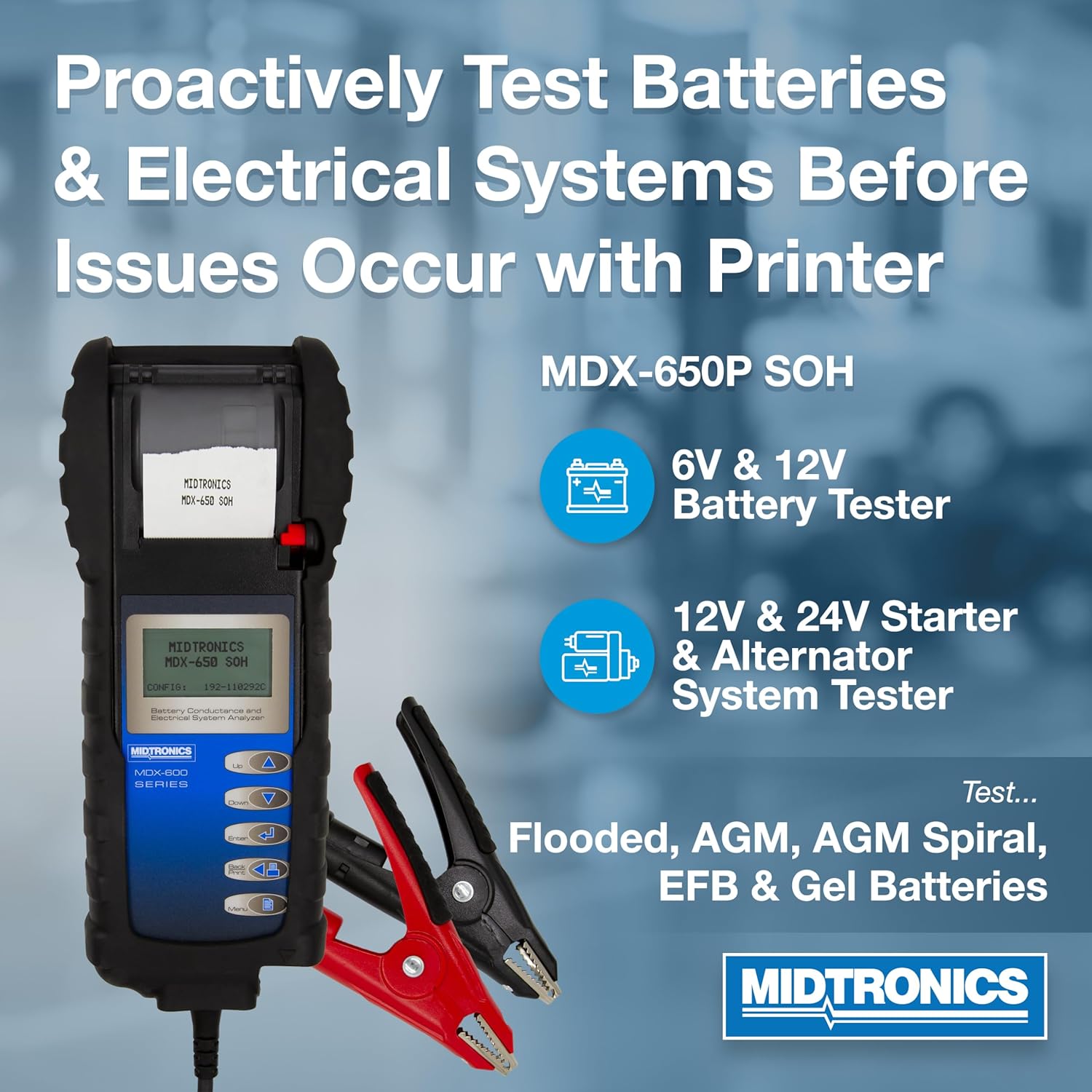 Midtronics MDX-650P SOH -12V & 24V Digital Battery Conductance & Electrical System Analyzer Battery Tester + Printer - I0' Cables, SOH Graph, Tool Bag