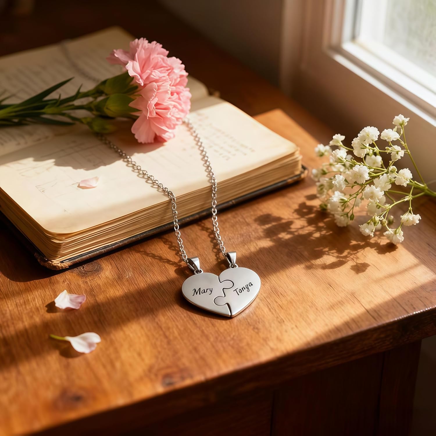 Personalized Name & Birth Flower BFF Necklace for 2/3/4/5, Mom and Daughter Matching Necklace, Custom Family Friendship Couple Necklace Set, Best Friend Name Engrave Heart Puzzle Pendant Necklace - Image 4
