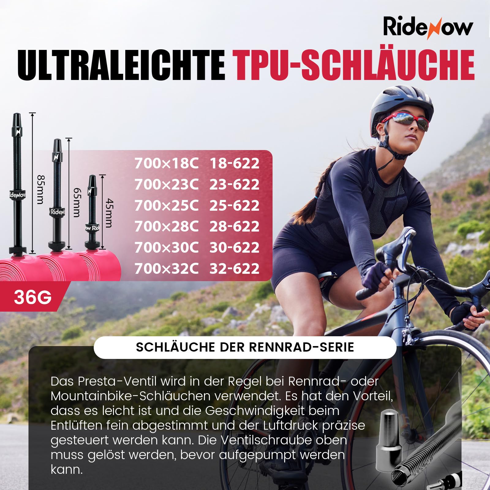 RideNow Camera d'aria interna in TPU 700x18-28C 700x18-32C 700x28-38C Ultraleggera | 2 camere d'aria per bicicletta, a prova di perdite, 700C, con valvola Presta in metallo da 45/65/85 mm, 24 g/36 g/39 g