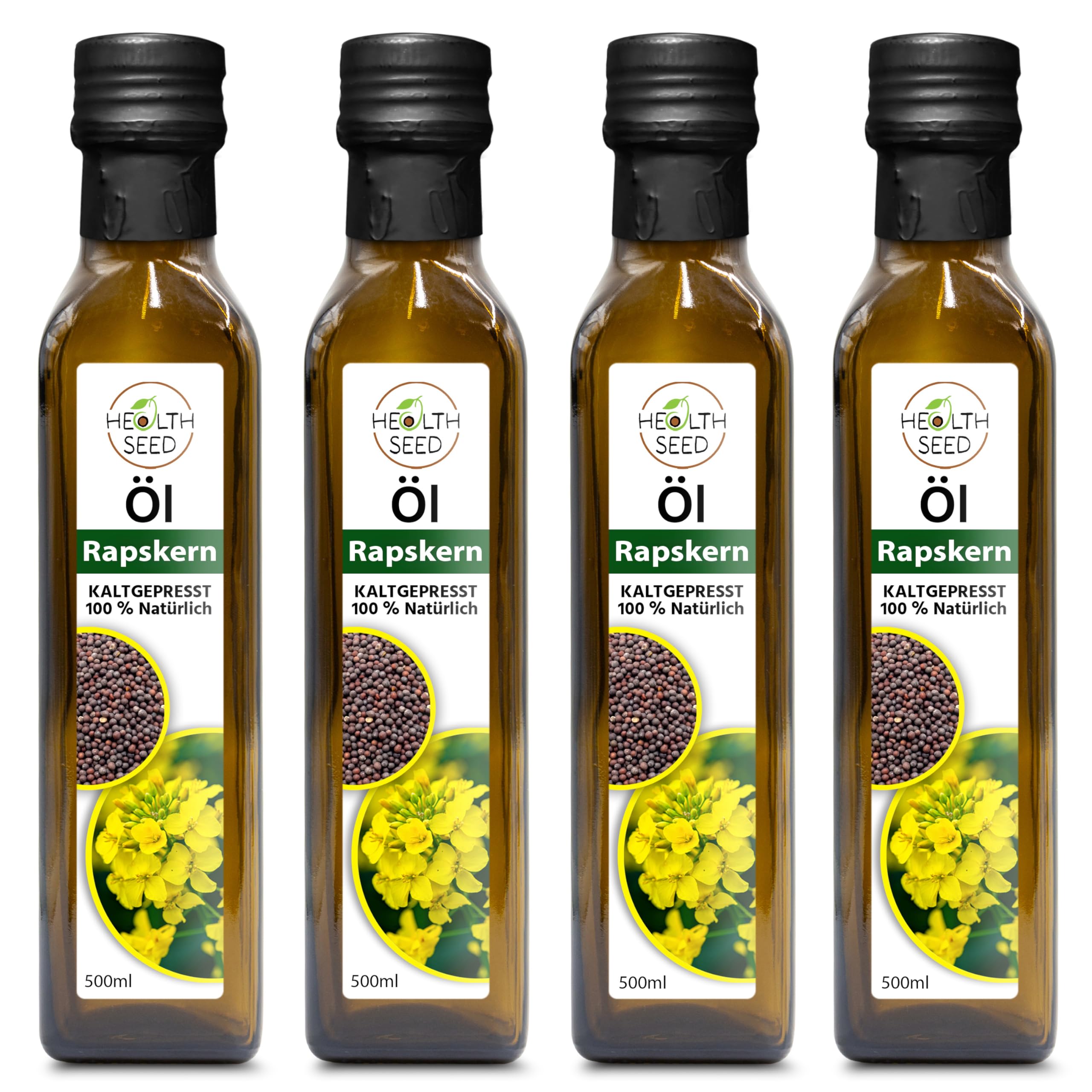 Health Seed® 4 x 500 ml / 2 litres – Huile de colza non filtrée – Bouteille en verre 100 % pure pressée à froid – Fraîcheur du fabricant