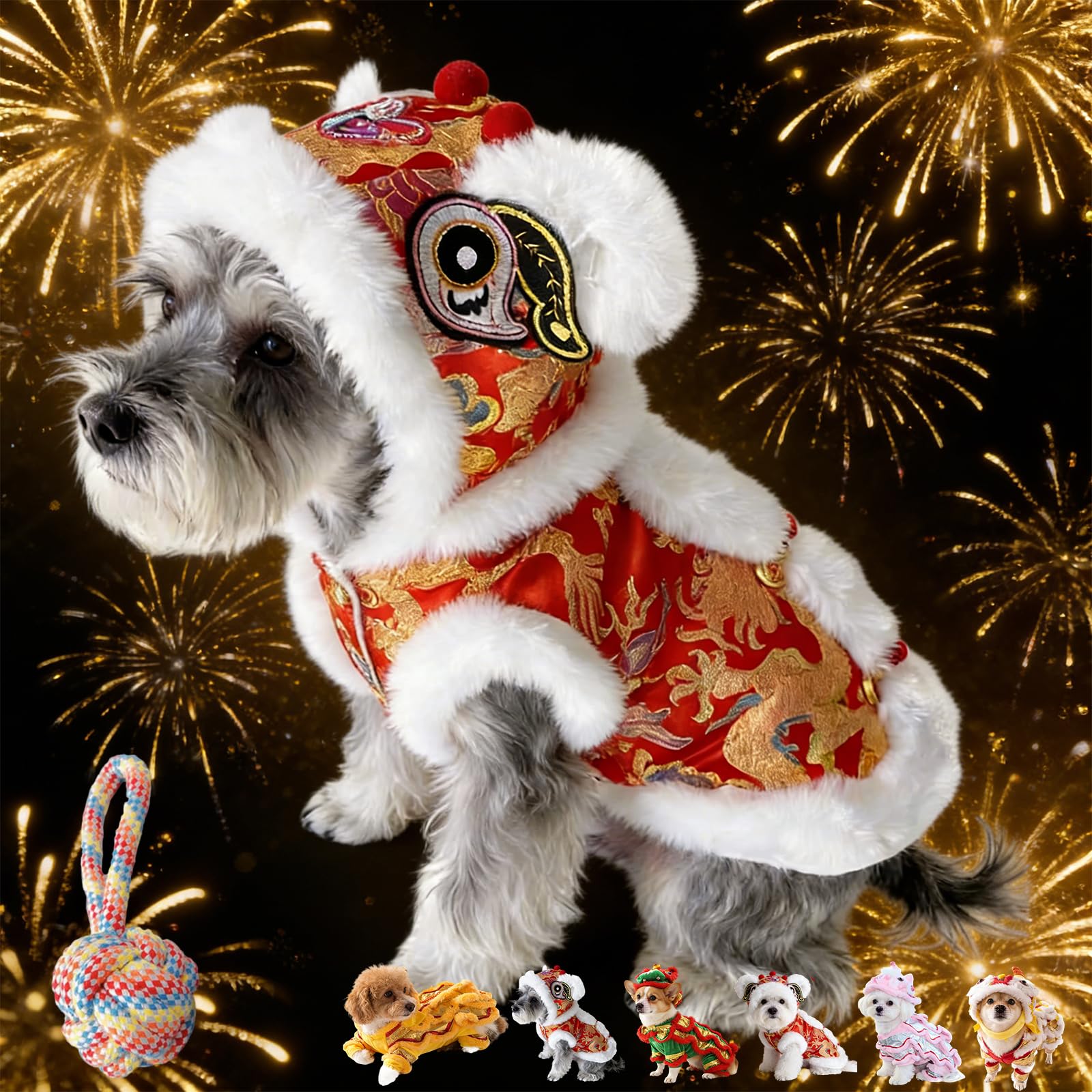 Chinese Lion Dance Dog Costume with Sequins, New Year Dog Lion Dance Coat, Spring Festival Pet Outfit with Dragon Embroidery, Winter Holiday Pet Cloth for Teddy, Schnauzer, Bichon Frise (M,5#)