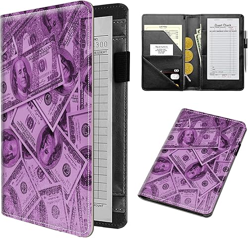 Dikoer Libro de mesera color morado oscuro para camarera, lindo libro de camarera con bolsillo para dinero y cremallera, libro de cheques de