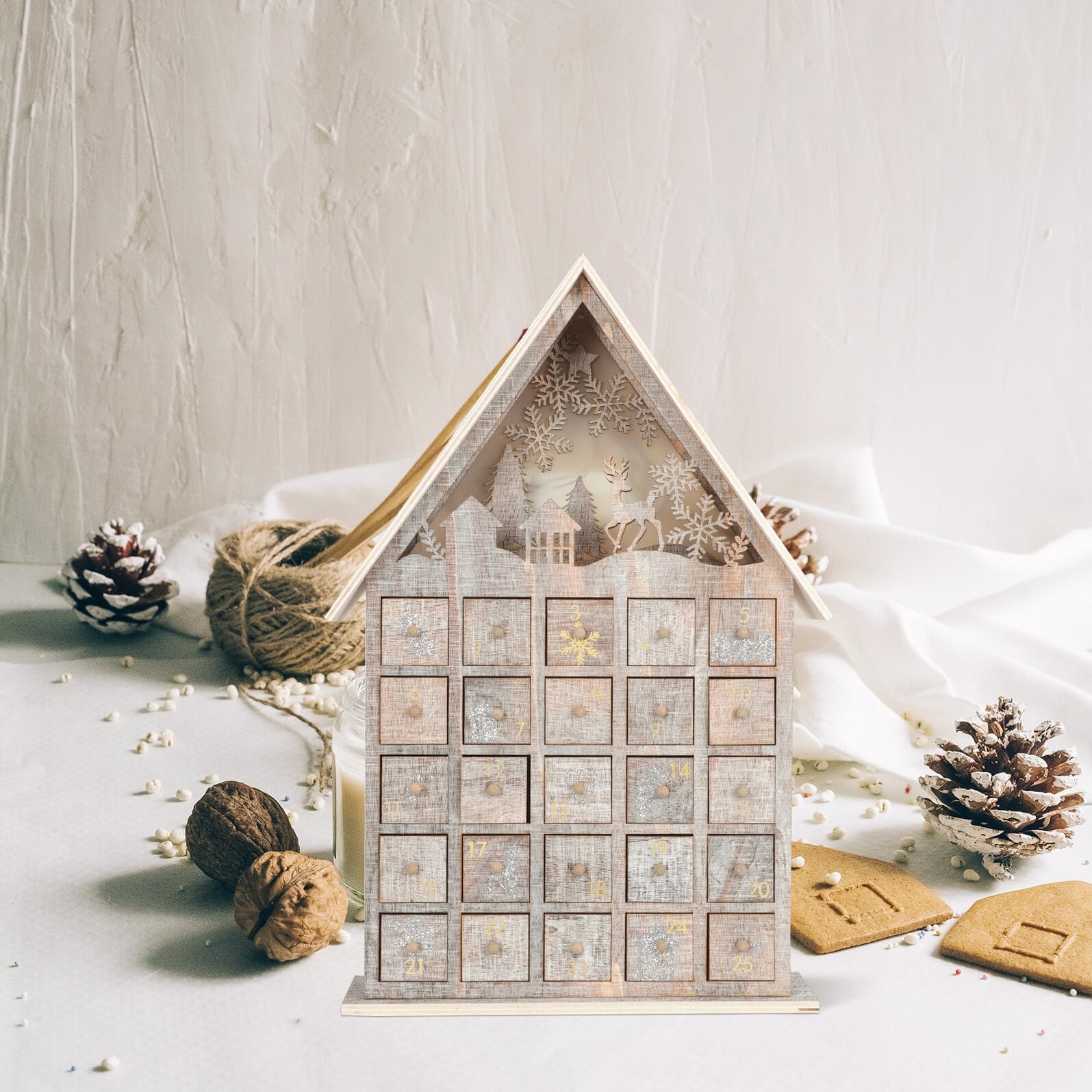 Baluue Calendario Natalizio in Legno Cassetto Luminoso a Forma di Casa Decorazione da Scrivania per e Famiglia Ornamento Natalizio Decorativo per Casa e Ufficio