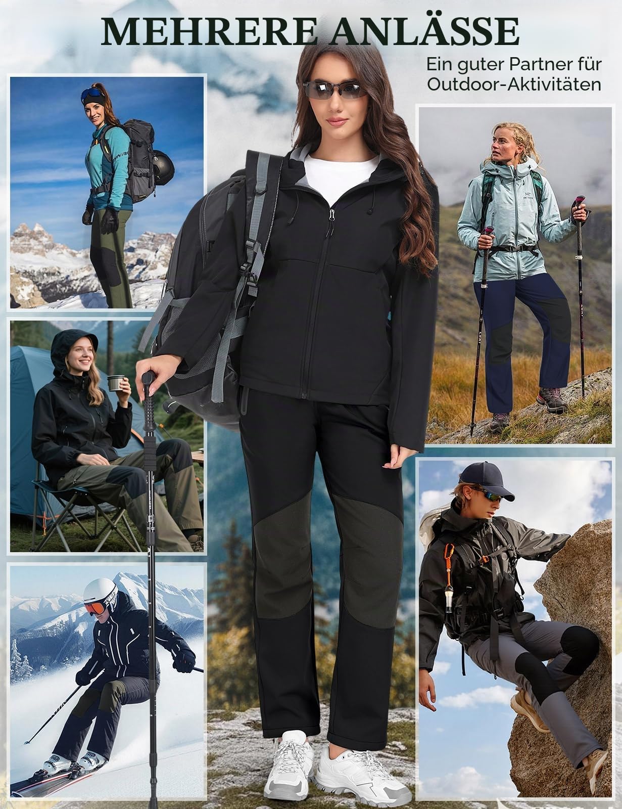 Damen Wanderhose Wasserdicht Skihose Softshellhose Thermohose Fleece Gefüttert Winter Hosen Schneehose Winddicht Warm Arbeitshose Trekkinghose Langlaufhose Knie-Reibungsschutz