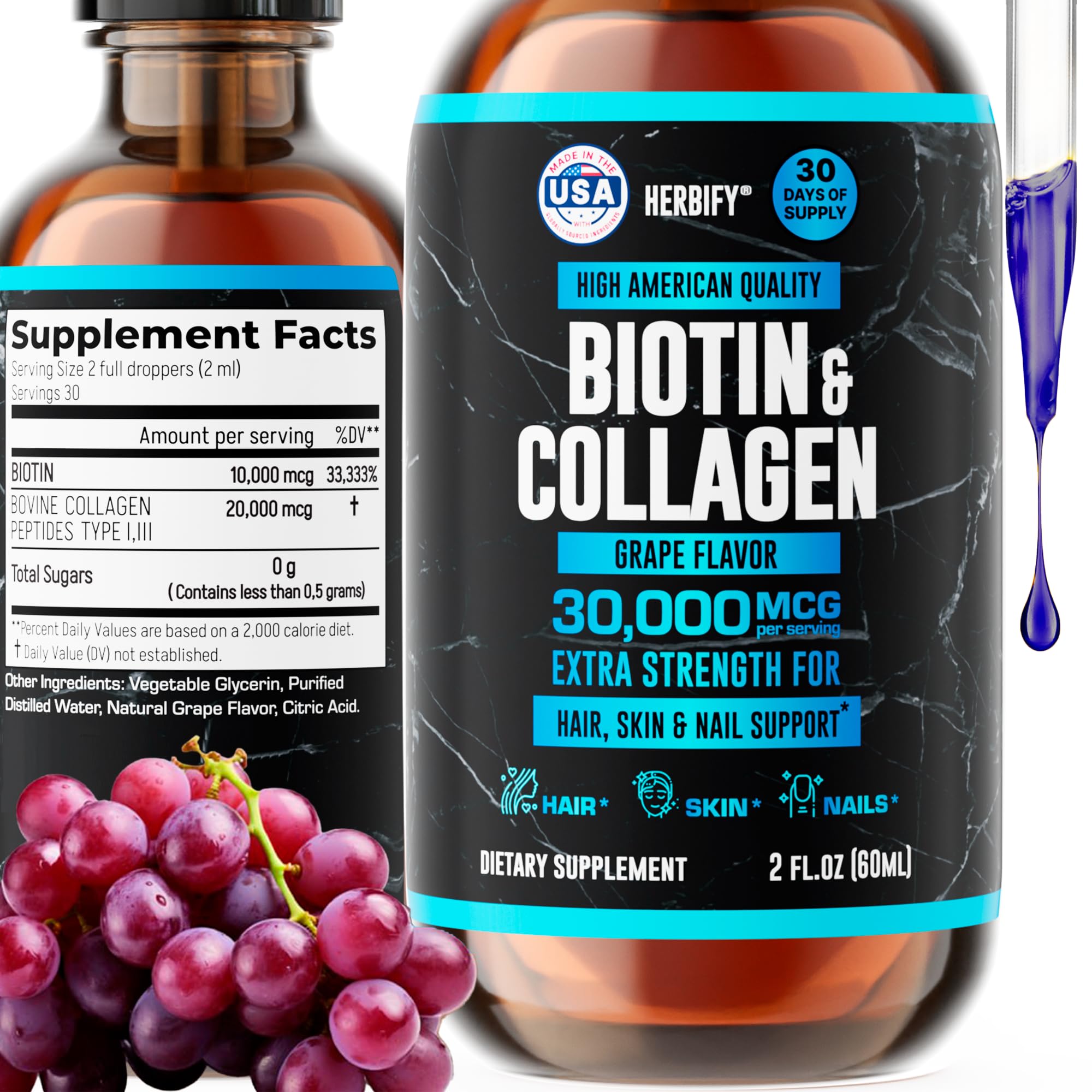 HERBIFY Collagen and Biotin Liquid Drops - Faster Absorption Supplement for Hair Growth and Stronger Nails - Hair Skin and Nails Vitamins for Women and Men - B7 Supplement - Made in USA