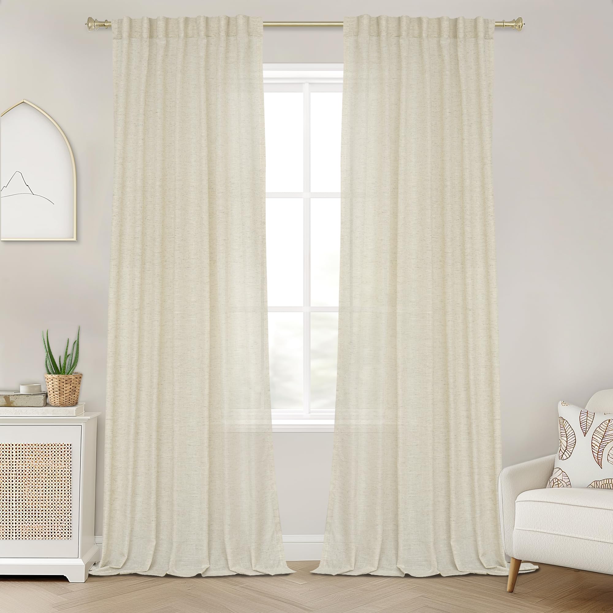 UHITECH Sheer Curtains Set, 102 Inches Long, 2 Panels, Boho Style, Oatmeal Color, Semi-Sheer, Back Tab/Rod Pocket, Indoor/Outdoor, Bedroom/Living Room