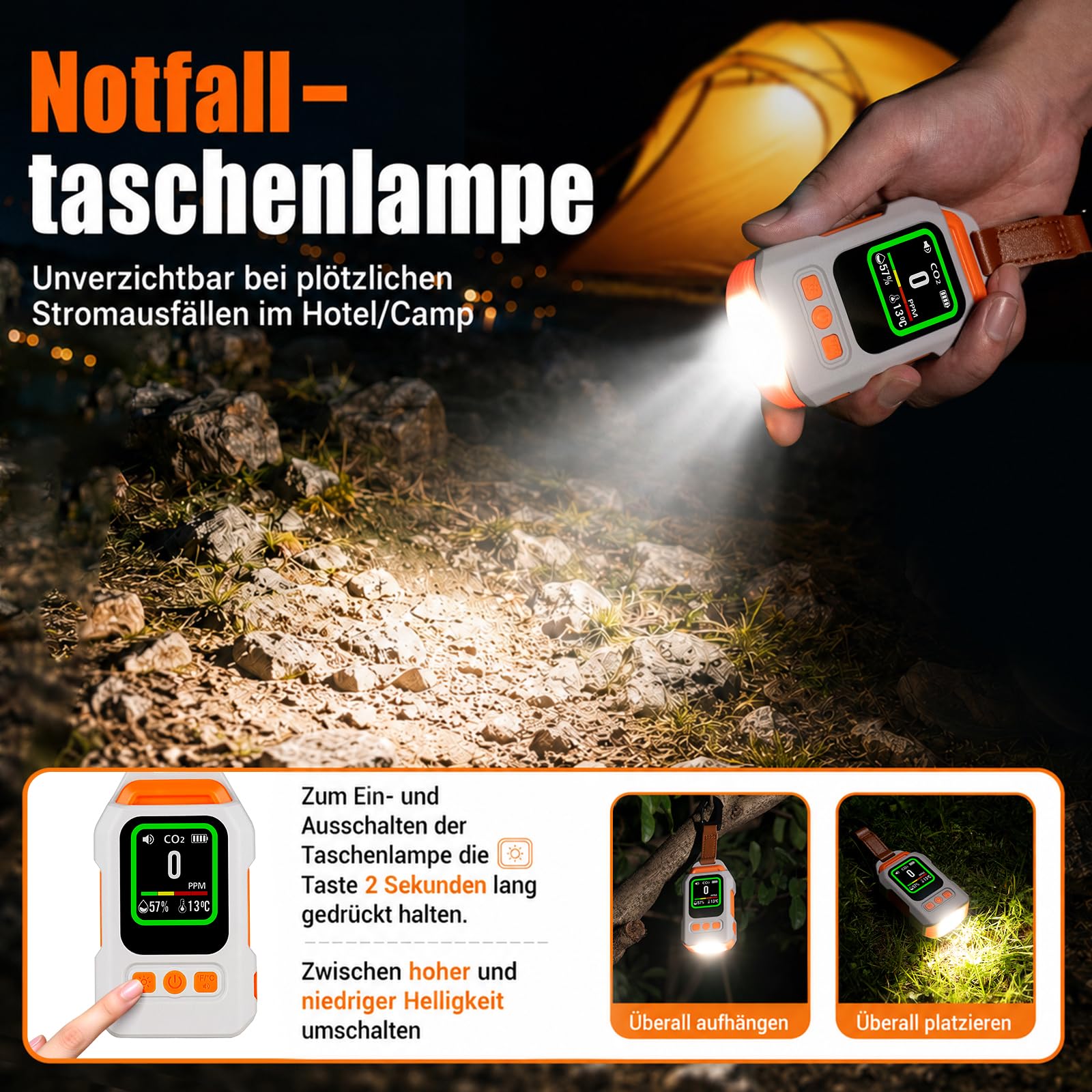 4-in-1 Tragbarer Kohlenmonoxid Melder, 300 Stunden Akkulebensdauer, Thermometer und Hygrometer mit Alarmfunktion und Notleuchte für Reisen Camping, Zelt, Wohnmobil, Wohnmobil, Zuhause, Küche