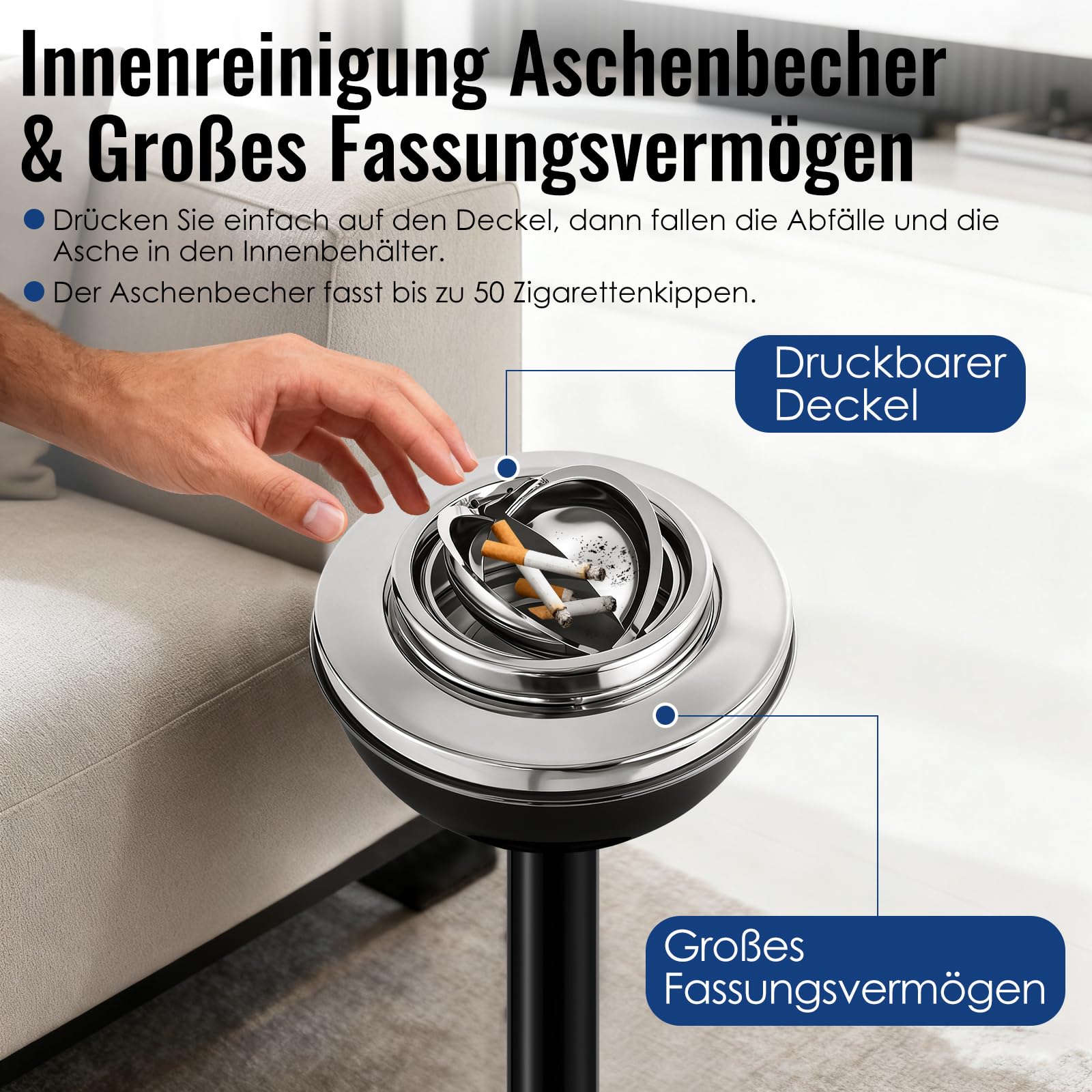 Aschenbecher, Stand Aschenbecher für draussen, 42 & 61.5 cm Verstellbarer Aschenbecher mit Deckel, Schwarzer Standaschenbecher Für draußen, Afneembare Standaschenbecher mit Zware Basis für Haus, Büro