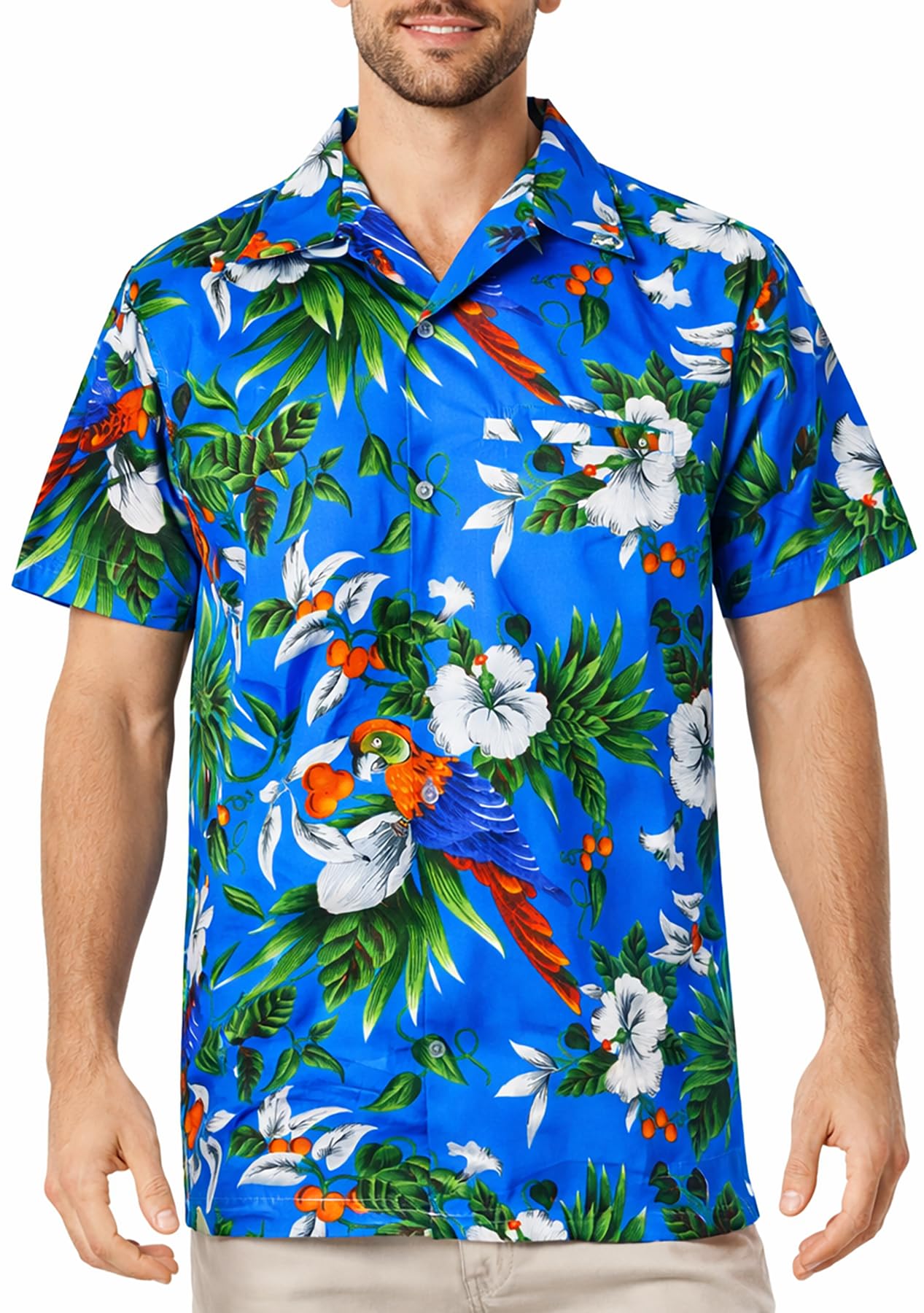 King Kameha Mens Hawaiian Shirt Short Sleeve, Cherryparrot, Blue, XS