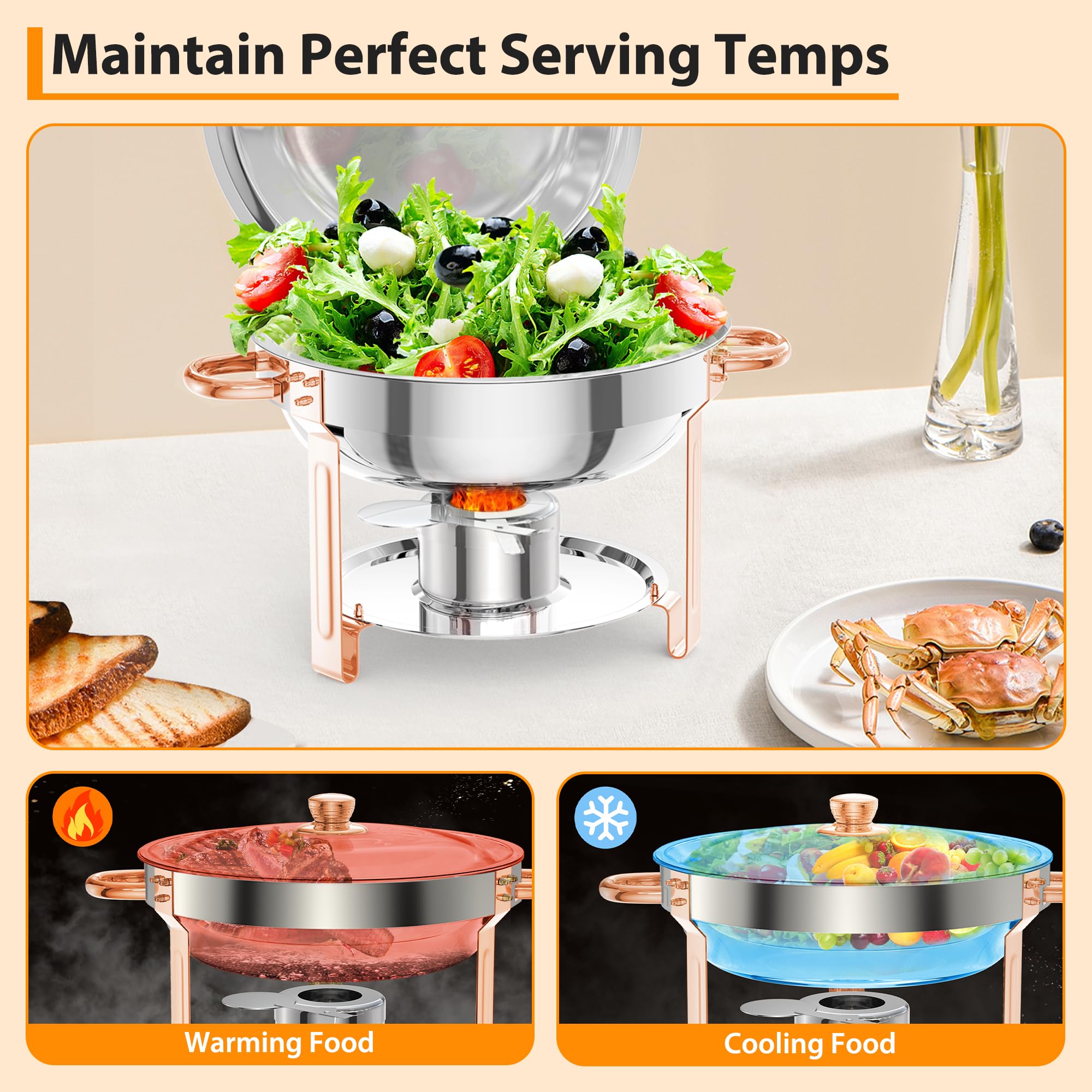Chafing Dish Buffet Set, 5L Warmhaltebehälter Essen 6er Pack, Edelstahl Speisewärmer mit Deckel, Löffel & Pinzette, Rund Catering-Wärmespender für Hochzeiten Buffet Jede Party Veranstaltung Catering
