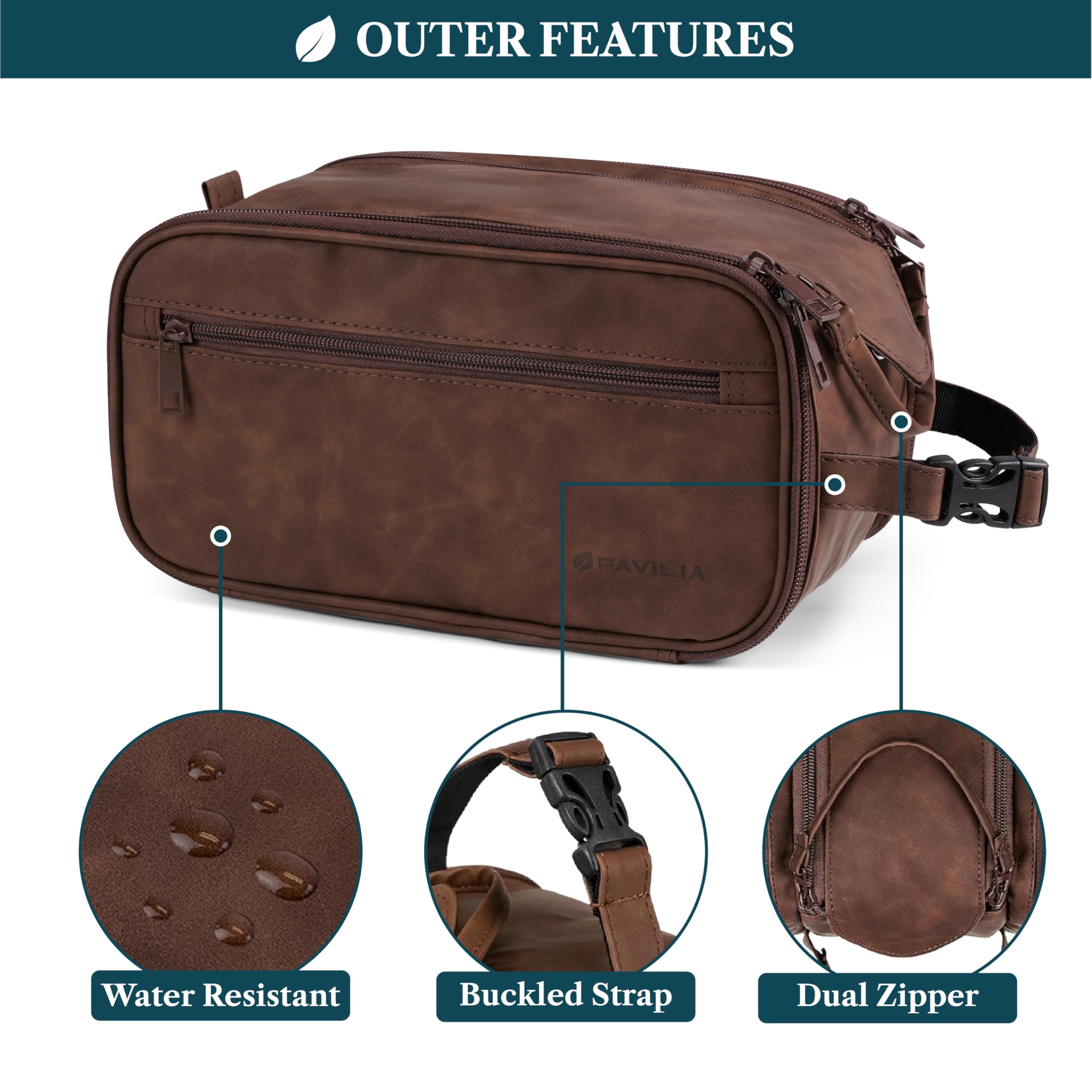 PAVILIA Borsa da bagno da uomo in pelle sintetica resistente all'acqua per rasatura, toelettatura, borsa da viaggio per trucco grande, Marrone scuro, Large (10.5x5.5x6), Astuccio da toilette