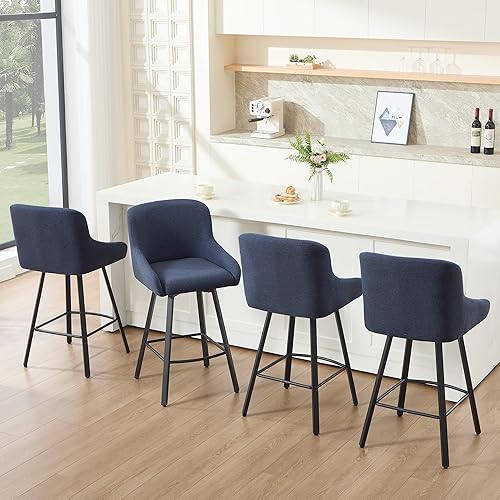 Juego de 4 taburetes de bar giratorios de 26 pulgadas tapizados de altura de mostrador con respaldo y patas de metal, sillas de bar modernas,