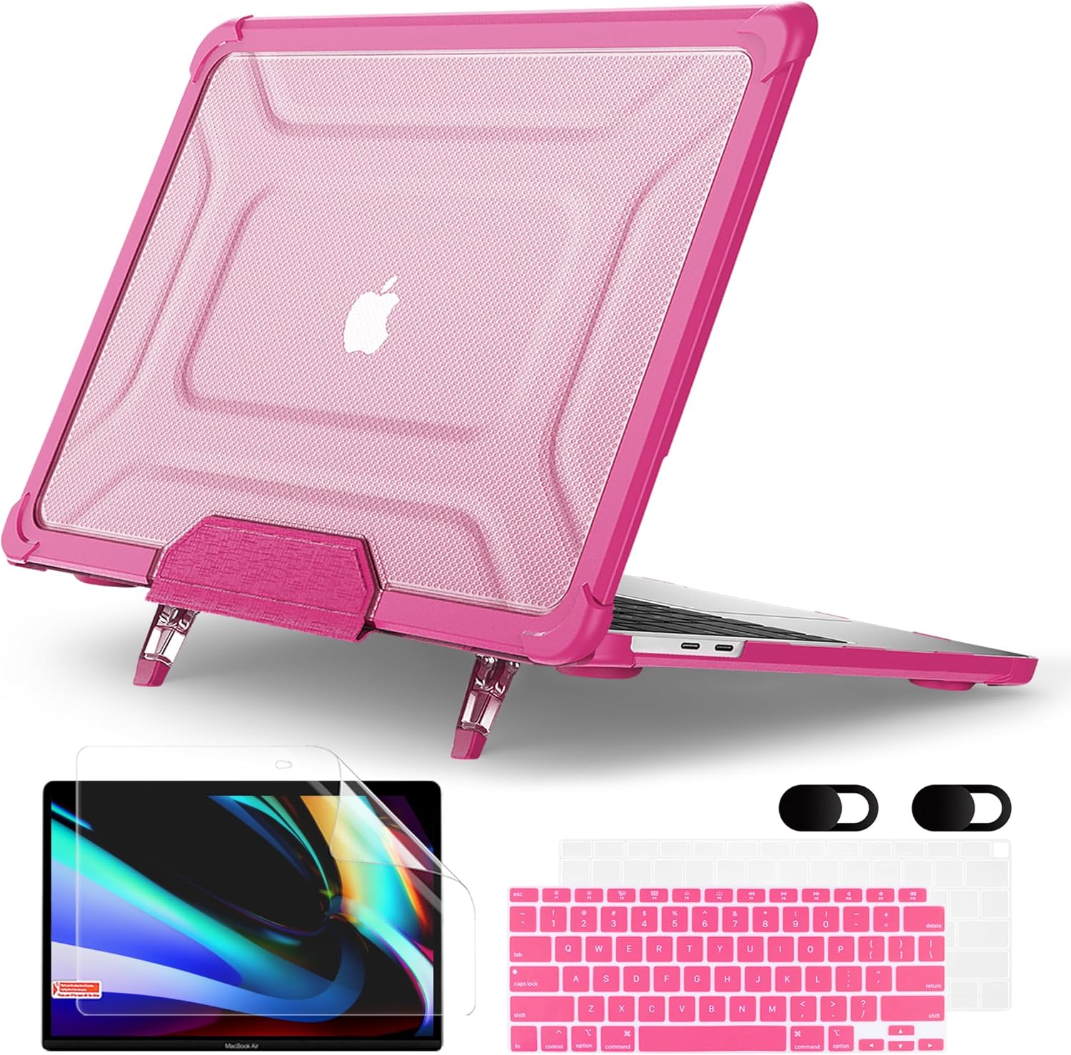 MEEgoodo Case for MacBook Air 13 inch 2021 2020 2019 2018 A2337 M1 A2179 A1932 with Heavy Duty Rugged Shockproof, Laptop Hard Shell Case with TPU Hard Frame & Fold Kickstand & Connection Design, Pink