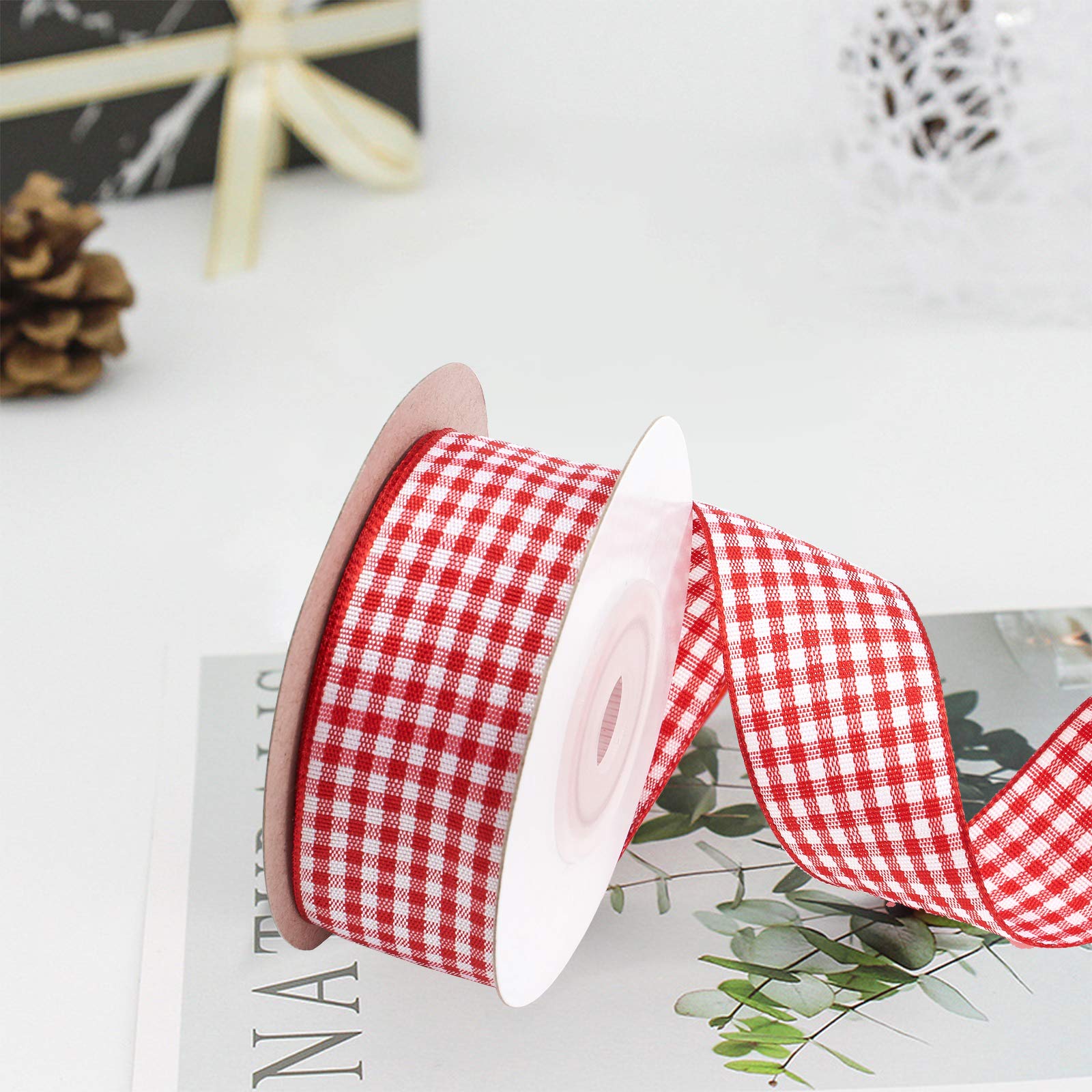 Stoffbänder rot und weiß kariertes Band zum Basteln, Ripsband gestreift für Geschenkverpackungen, 2,5 cm Organza-Punktband, 27,5 m