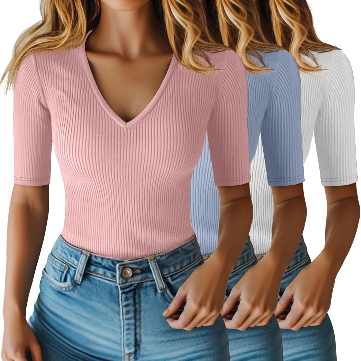 Riyiper 3 Pack Women's Half Sleeve Top Elbow Length Ribbed Cotton T Shirt Women V Neck Summer Tee Slim Fit Casual Blouses