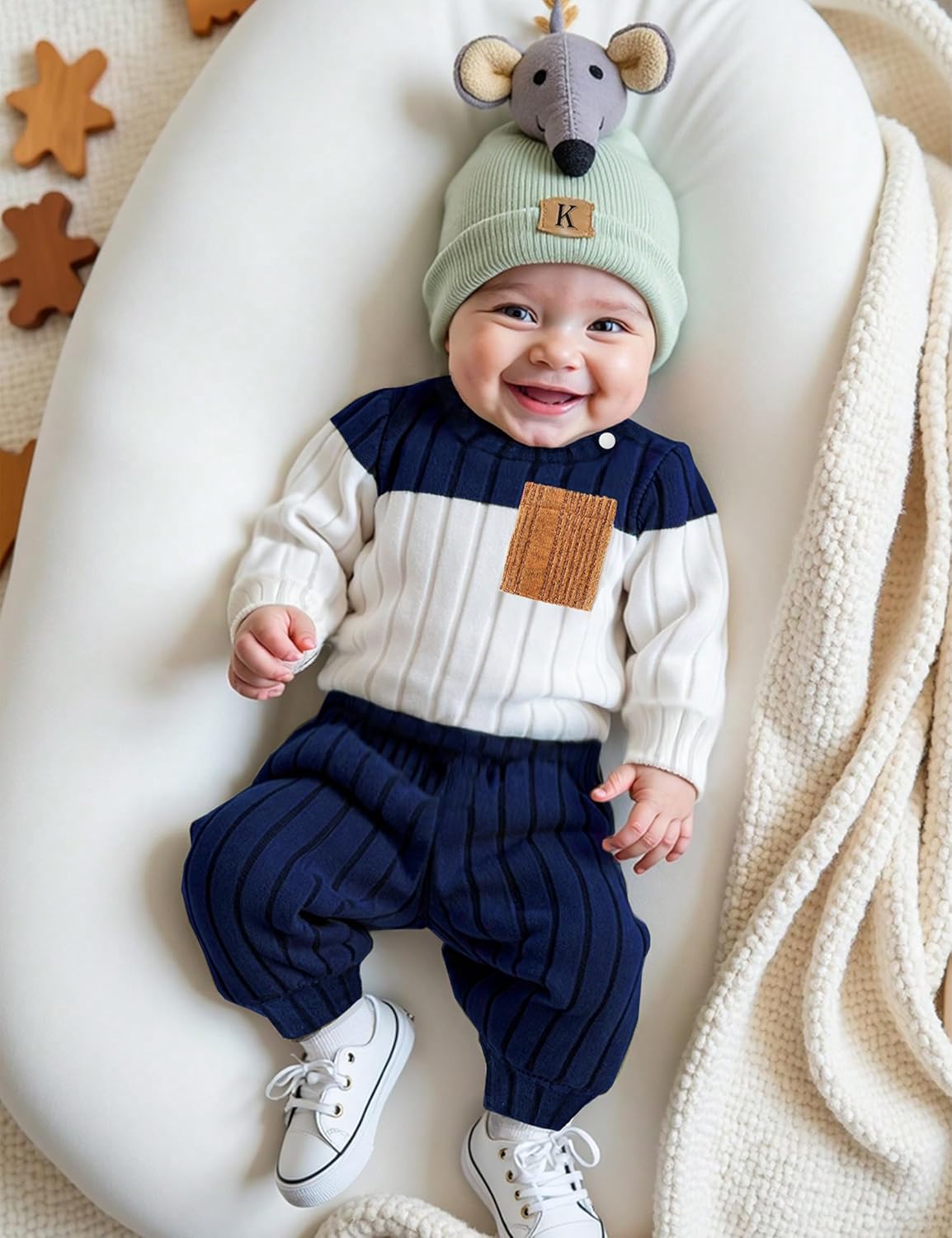 Baby Boy Clothes Color Block Ribbed Knitted Outfits Long Sleeve Romper+ Pants 2PCS Outfit 0-12 Months - Image 3