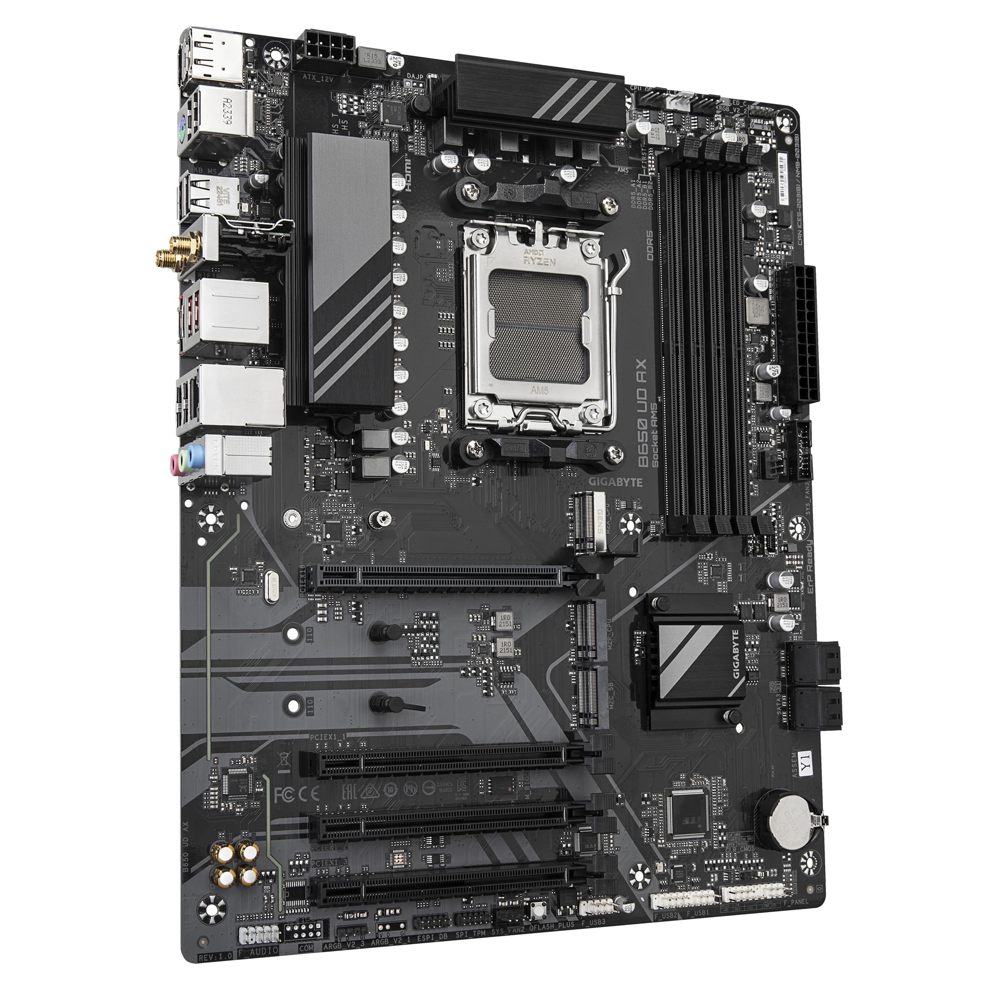 GIGABYTE B650 UD AX Placa Base - Compatible con CPUs AMD Ryzen Serie 9000, VRM de 6+2+2 Fases, hasta 7600MHz DDR5 (OC), 1x PCIe 5.0 + 2X PCIe 4.0 M.2, LAN GbE, Wi-Fi 6, USB 3.2 Gen 2
