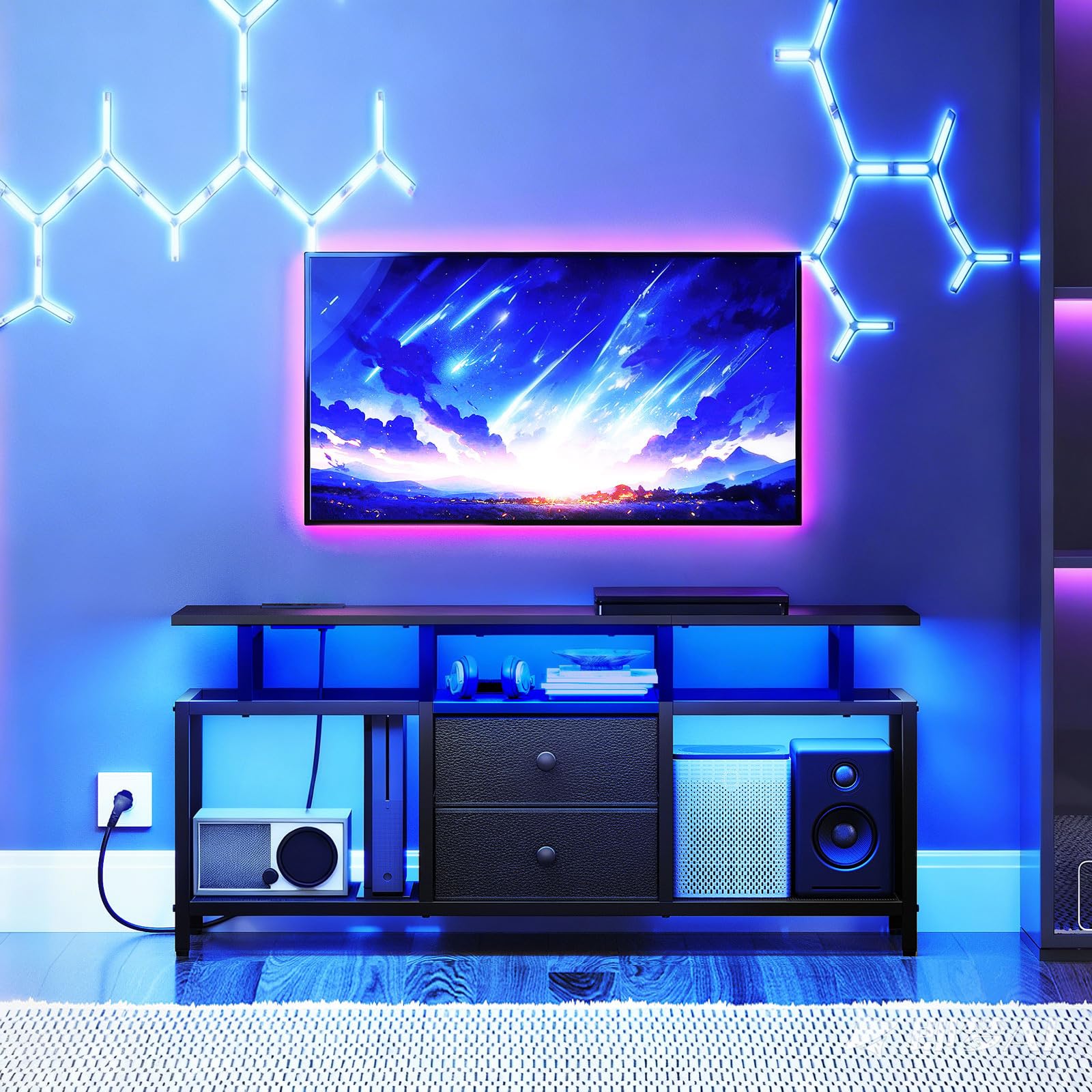 YATINEY Meuble TV Flottant, pour télé de 45'' Pouces maximale, Console Média avec Station de Charge et Ruban LED, 2 tiroirs, Centre de Divertissement pour Salon, Chambre, Noir XDS03CDBB