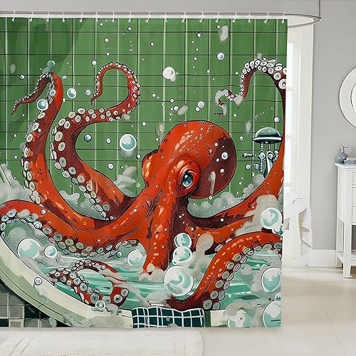 Miniatura 40 de Cortinas de ducha impermeables con diseño de barco pirata de caricaturas, tela de aventura marina, cortina de ducha de baño con peces submarinos,