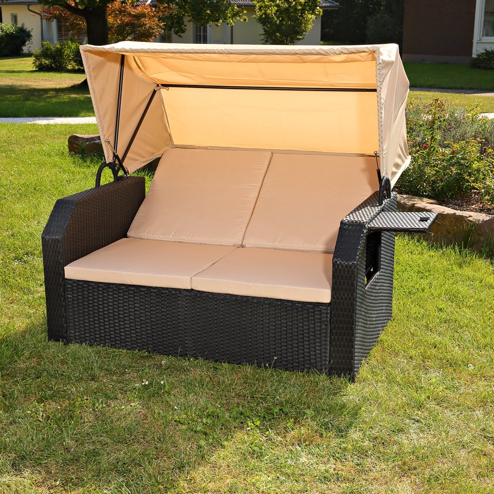 Melko Sonnenbett/Strandkorb/Lounge aus Polyrattan, Schwarz, inkl. klappbaren Seitentisch +verstellerbarer Rückenlehne + Faltbare Sonnenschutzdach