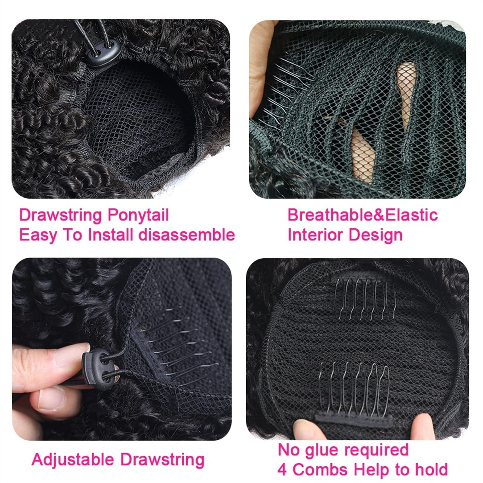 Piezas de Pelo de Moño Para mujer Cola de caballo con cordón de 10-28 pulgadas Cabello real Mongol Negro Rizado Cola de caballo Extensión del cabello Horquilla Peluca de cola de caballo Bollo de pelo