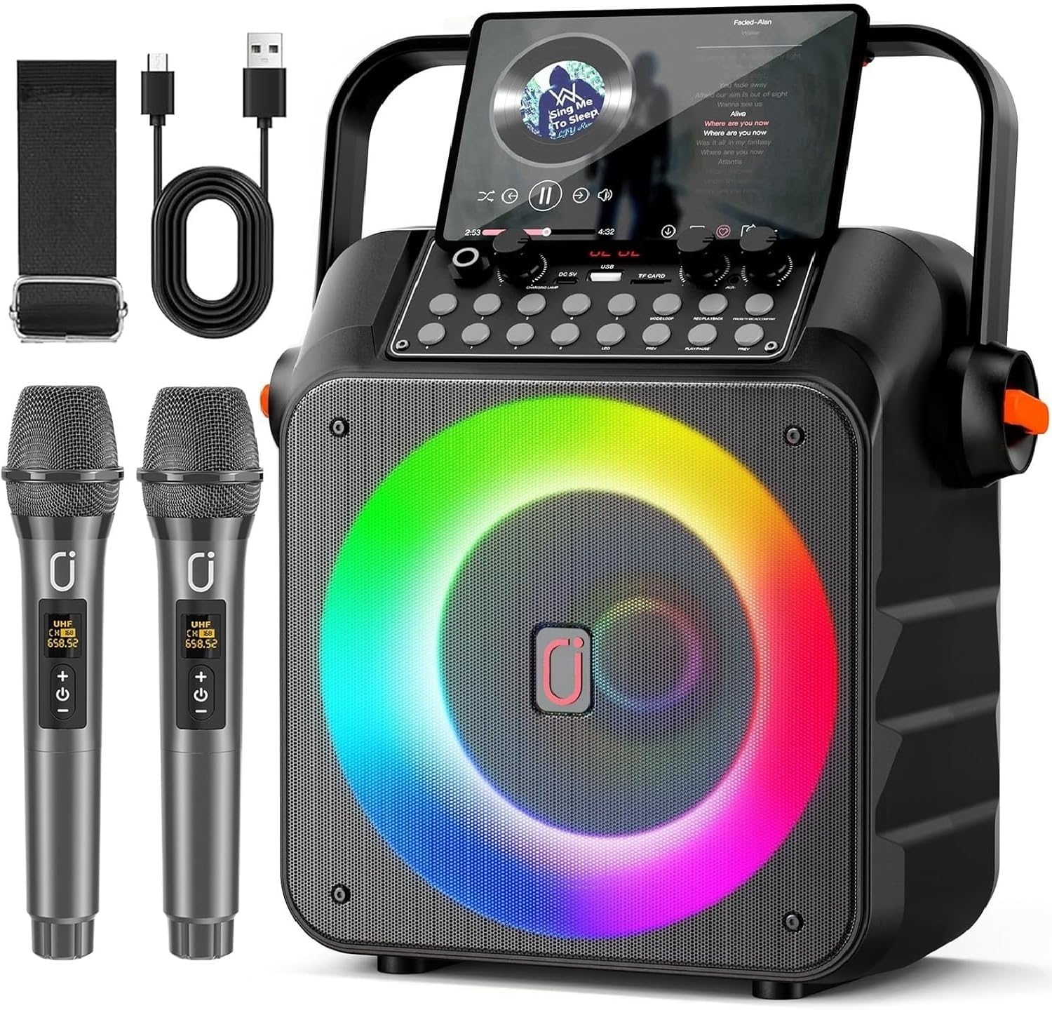 HWWR Karaoke Adulte avec 2 Microphones, Karaoké Professionnel Portable Bluetooth 5.3 avec LED, 80W Puissance Enceinte Micro, Haut-Parleur Amplifié Portable Système Karaoké Soutien REC/USB/TF/AUX