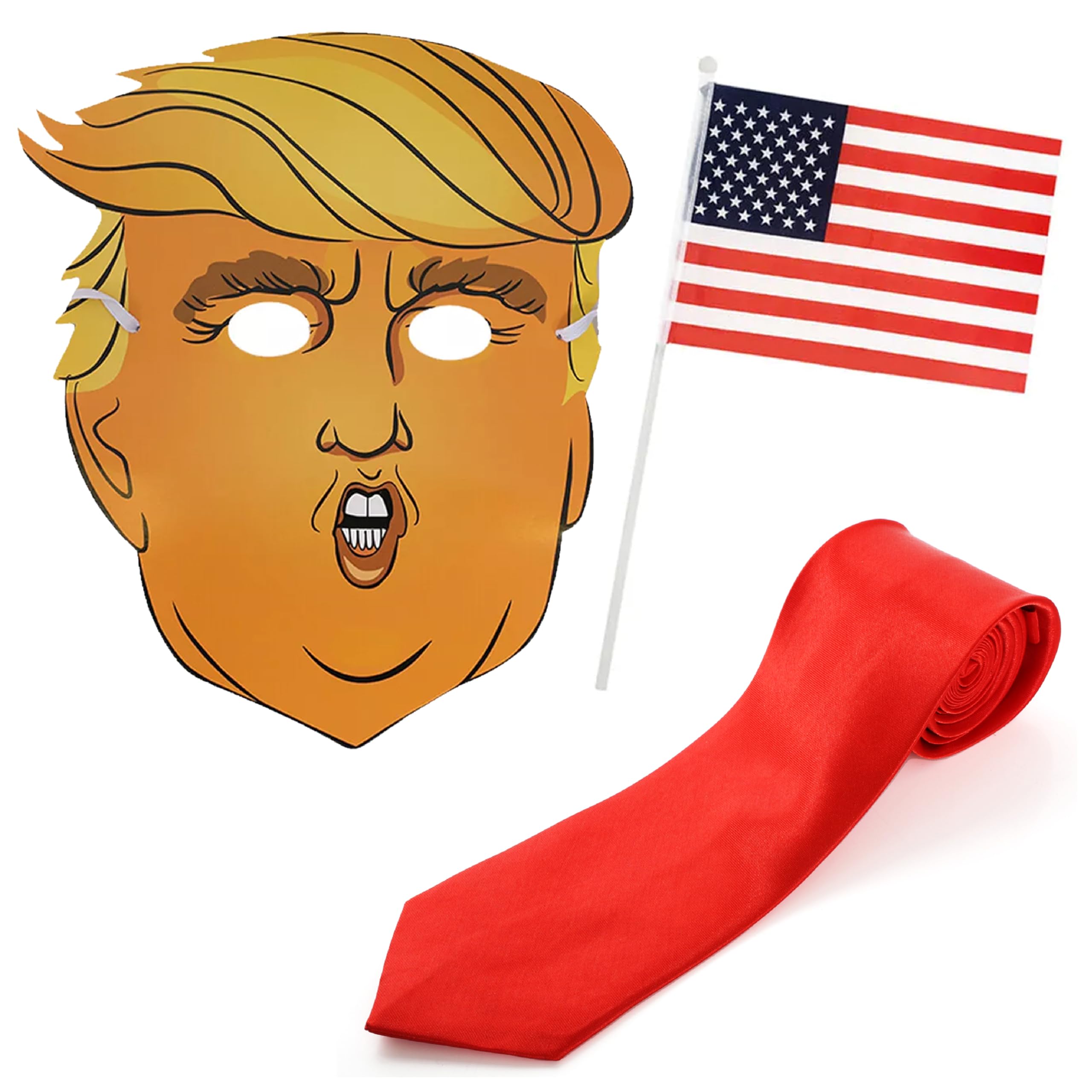 US President Accessory Set - Caricature Mask with Hair, Red Tie, USA Hand-Waving Flag - Adults Celebrity Fancy Dress Costume Accessory Set
