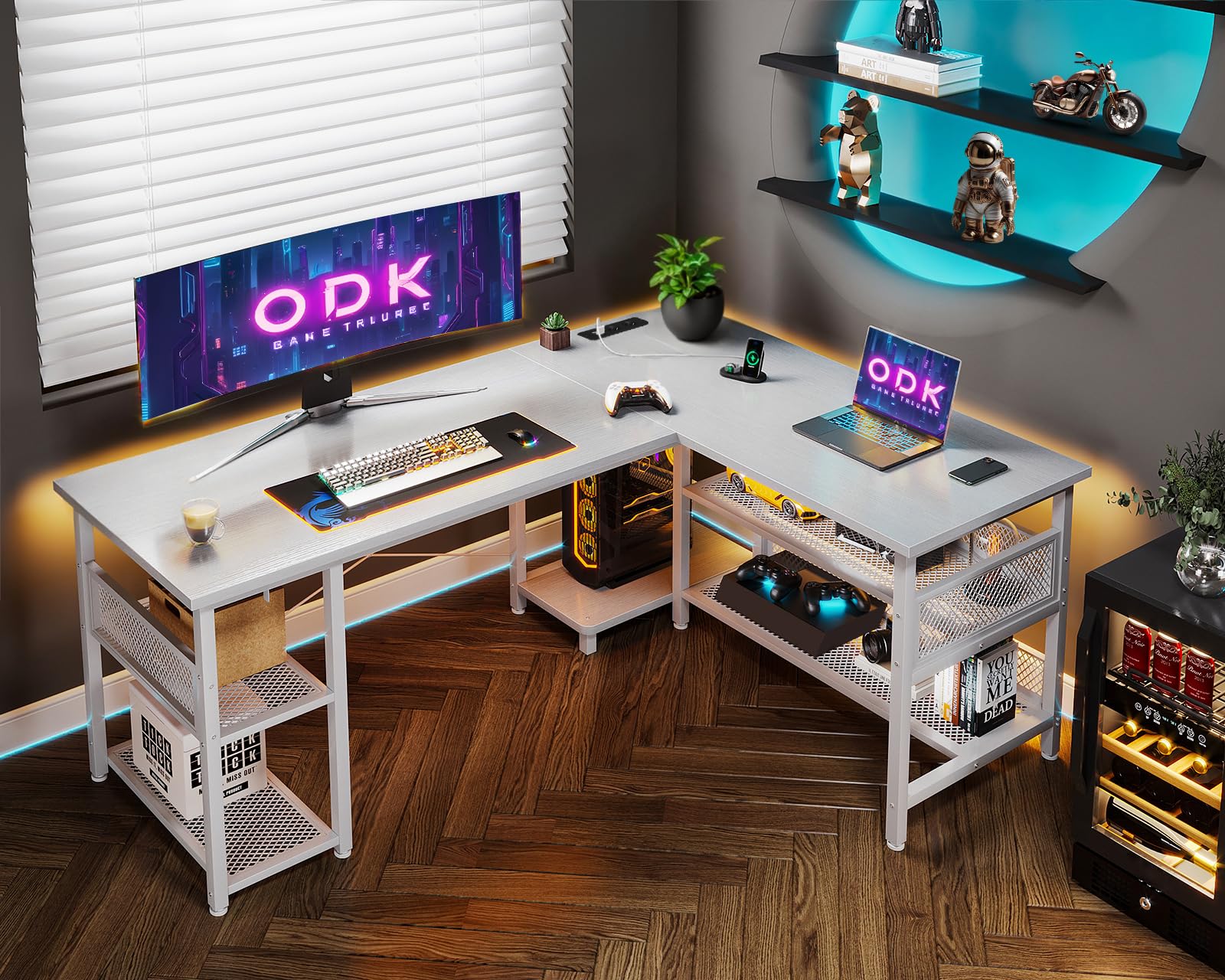 ODK Scrivania Gaming ad L con Design Reversibile, Scrivania con Ampio Spazio di Archiviazione, Scrivania ad Angolo con 2 Prese e 2 Porte USB, Bianco, 150×102 cm