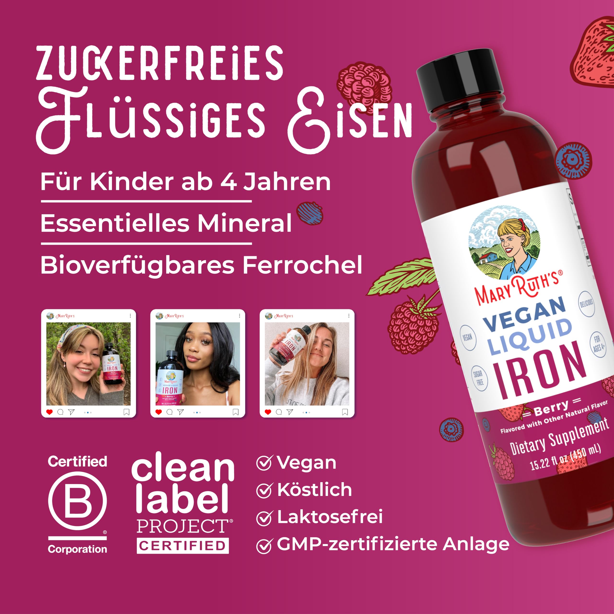 MaryRuth's, Liquid Iron, 450ml, 18mg Eisen je Dosis, Beerengeschmack, Vegan, Glutenfrei, Sojafrei, GMO frei