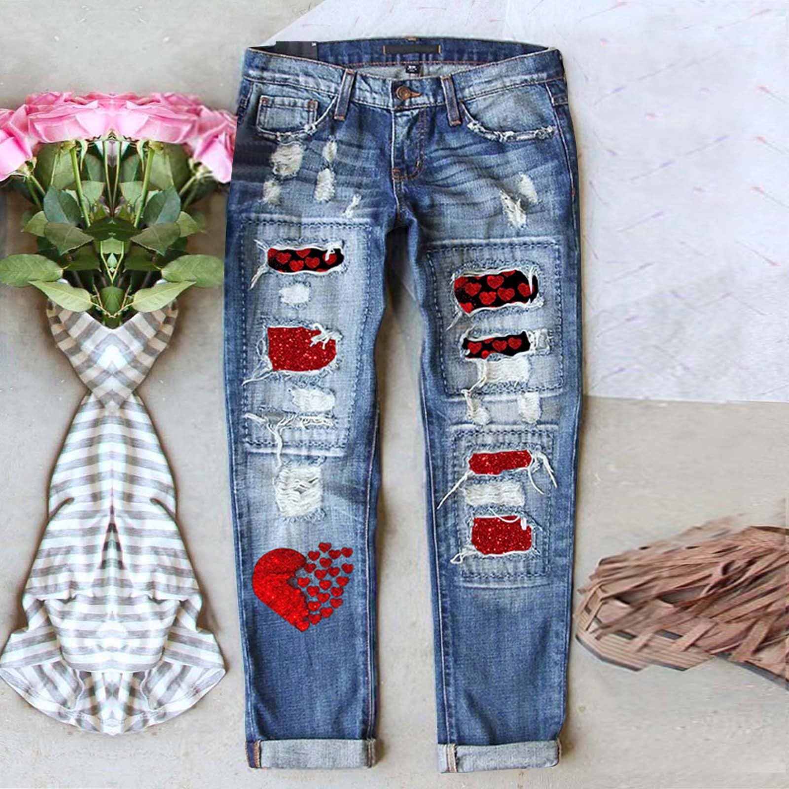 Stretch Jeans Damen - Jeanshosen Damen Weites Bein Damen-Jeans „Valentine Bedruckte Löcher lässige Damen-Jeanshose