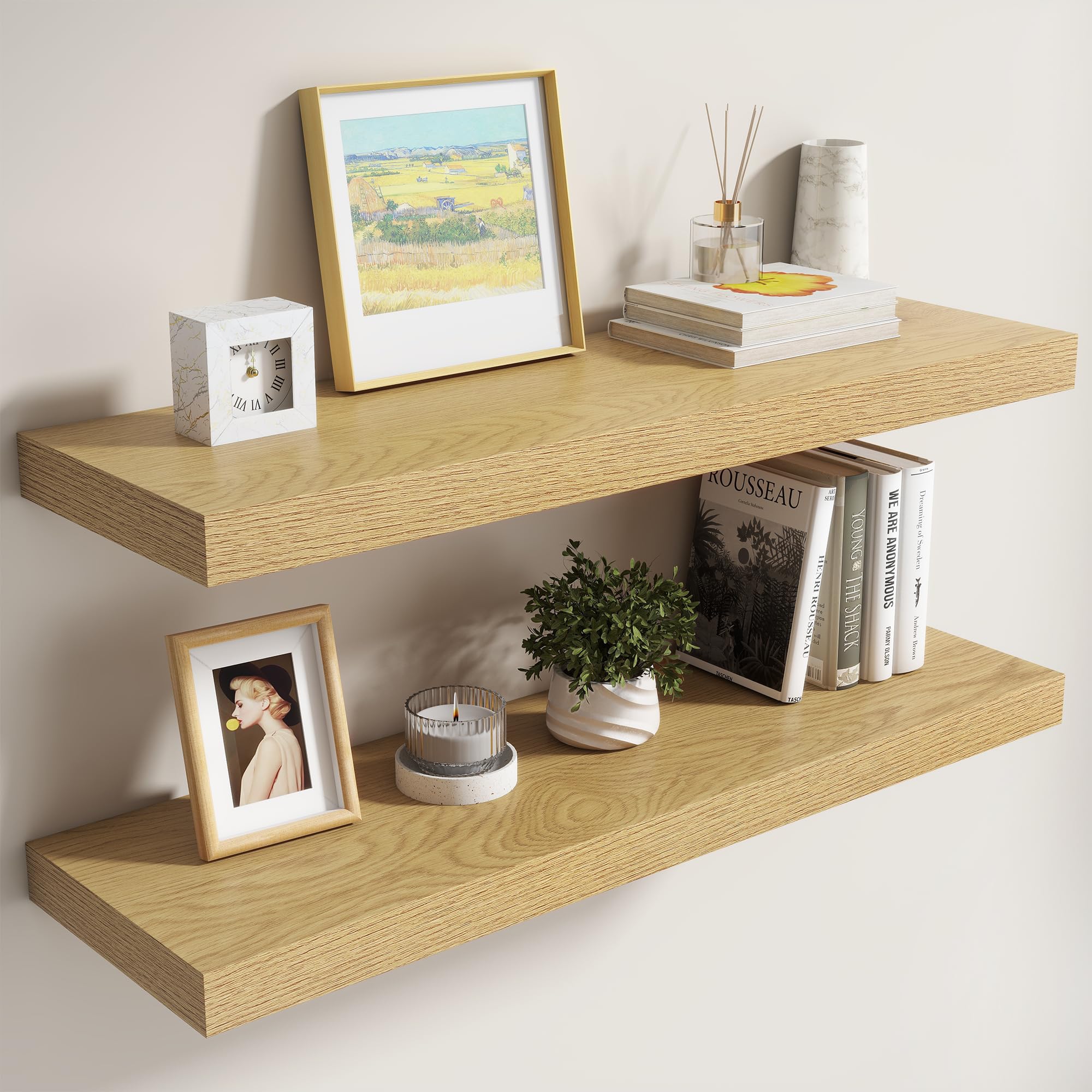 Dreamland 36 Inch Floating Shelves for Wall,8 Inch Deep Floating Shelves,36" W x 8" D Wall Shelves for Bedroom,Living Room,Kitchen,Bathroom,Oak Color,Set of 2