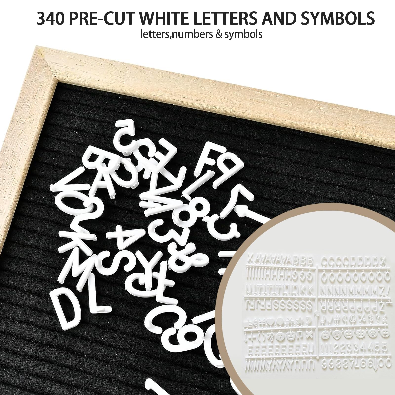 Changeable Felt Letter Board, 20x20 Cm Black Felt DIY Message Board with 340 White Letters Numbers Emojis Oak Frame Announcements with Wooden Stand - Image 3