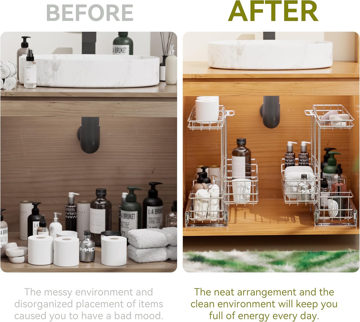 2 Tier Under Sink Organizer 11"W X18"D, Pull Out Cabinet Organizer One Removable Basket, Under Sink Slide Out Chrome Plated, Under Kitchen Bathroom Sink Organizer, 1 Pack - Image 8