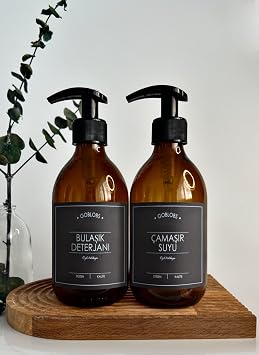 2li Set 300ml Amber Kahverengi Cam  i e Bula k Deterjan  &  ama r Suyu Siyah Etiketli kahverengisiyah bula k deterjan   ama r suyu