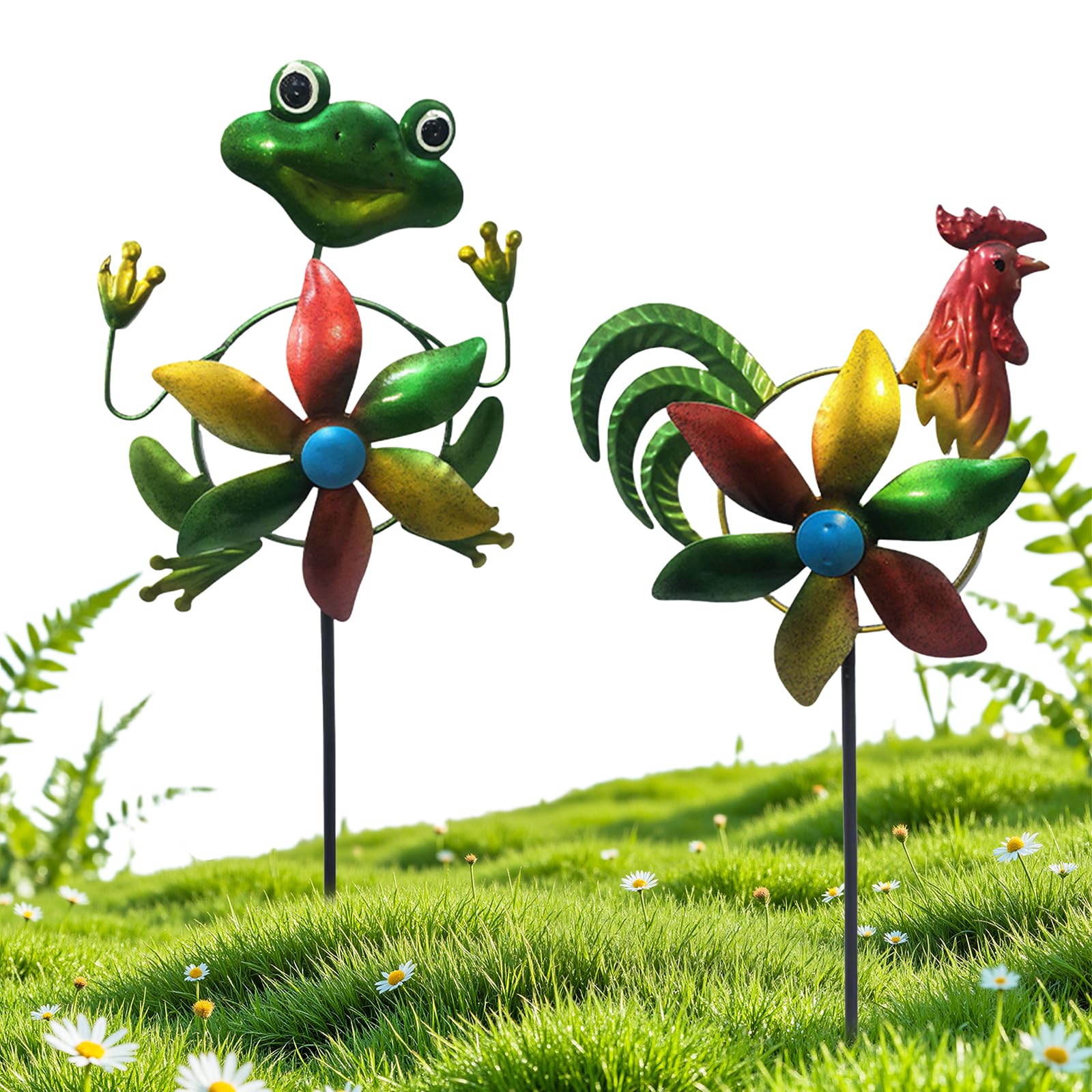 Garden Wind Spinner with Metal Stake, 2D Flat Design Colourful Pinwheels Garden Ornament for Outdoor – Weatherproof Rooster & Frog Ground Stakes for Front Porch, Backyard Lawn & Flower Bed