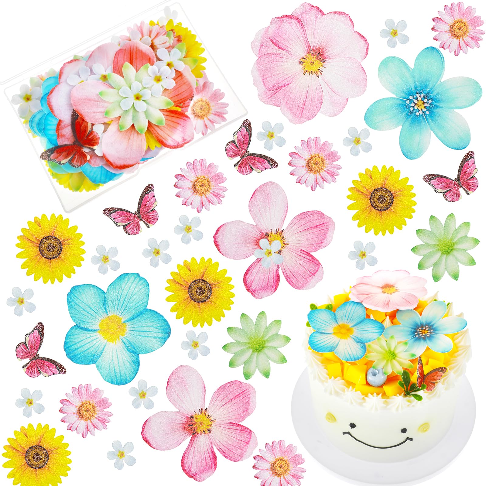55pcs Edible Flower Butterflies Cake Topper Set, Edible Flowers Cupcake Topper Decorations Wafer Paper Cake Decorations Edible Flowers for Cakes for Wedding, Birthday, Baby Shower, Themed Parties