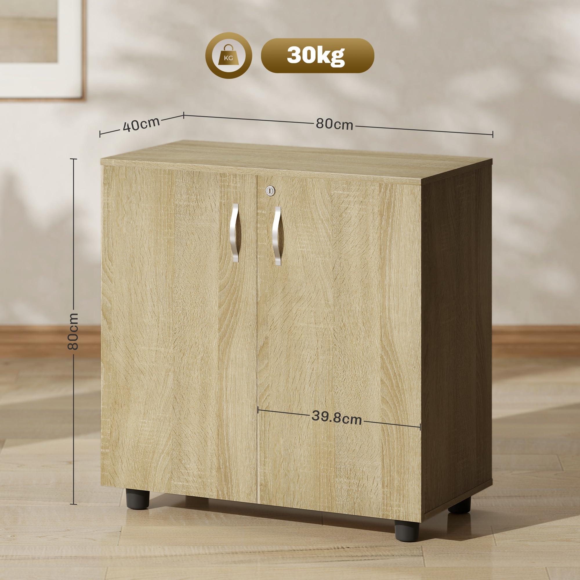 Vinsetto Armadietto per Documenti con Serratura, Armadio da Ufficio con 2 Ante e 2 Ripiani, Mobiletto Multiuso Portaoggetti con Maniglia in Lega di Alluminio, per Casa Ufficio, 80x40x80 cm, Rovere
