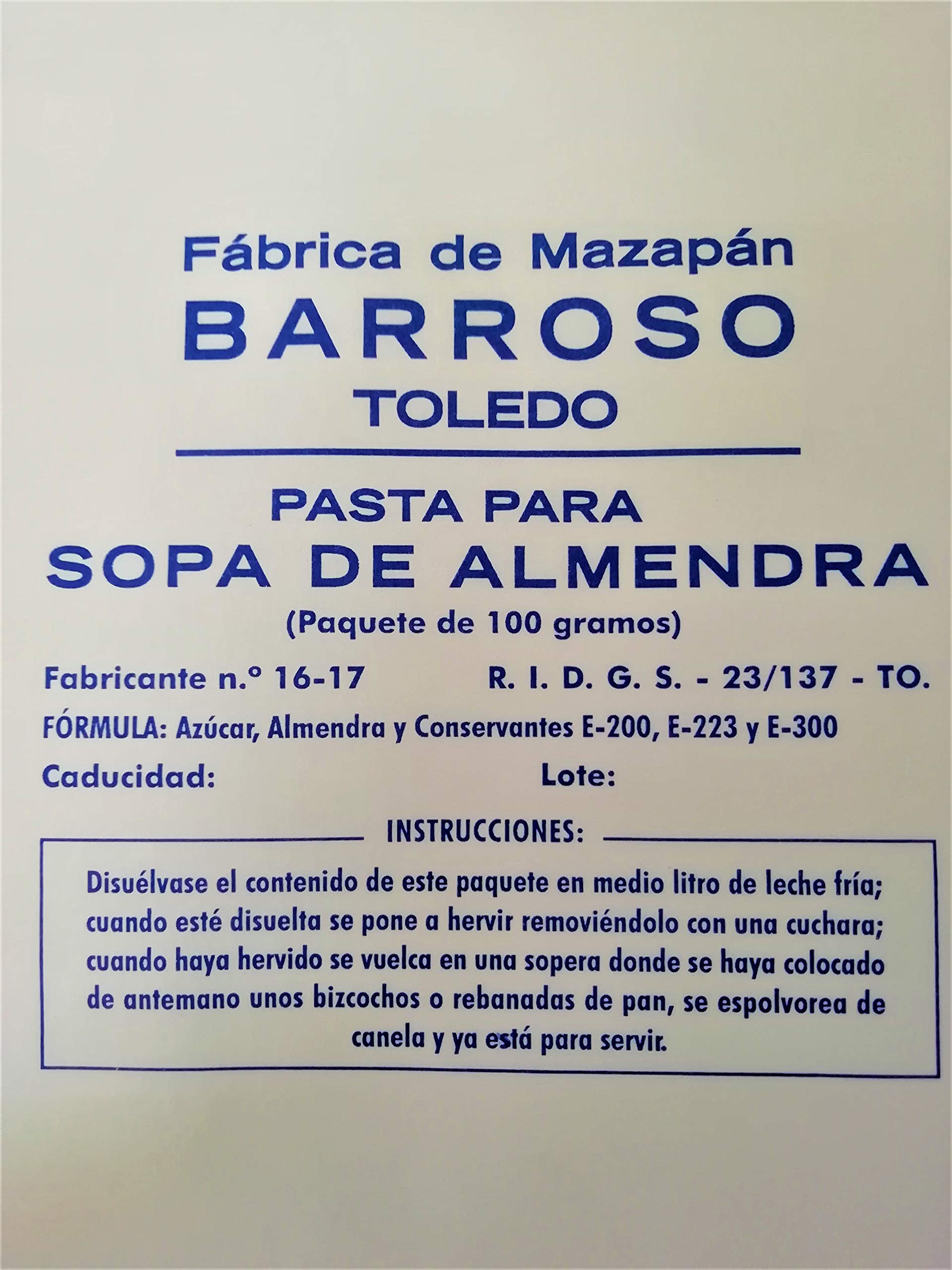Pack de 3 Paquetes de Pasta de Mazapán para Sopa de Almendra. Calidad Suprema. Mazapanes Barroso. 3 Unidades. 100 gramos cada paquete. Incluye Receta Sopa de Almendra.