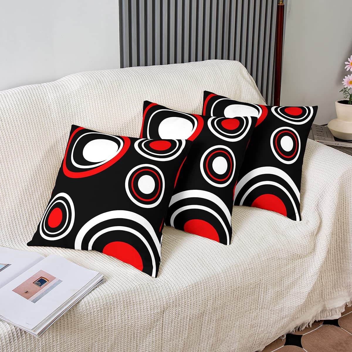 Loussiesd Set of 2 Throw Pillow Covers Abstract Art Cushion Case for Home Living Room Decor Reversible Geometric Circle White Red Grey Black Decorative Throw Cushion Case 20x20 Inch - Image 4