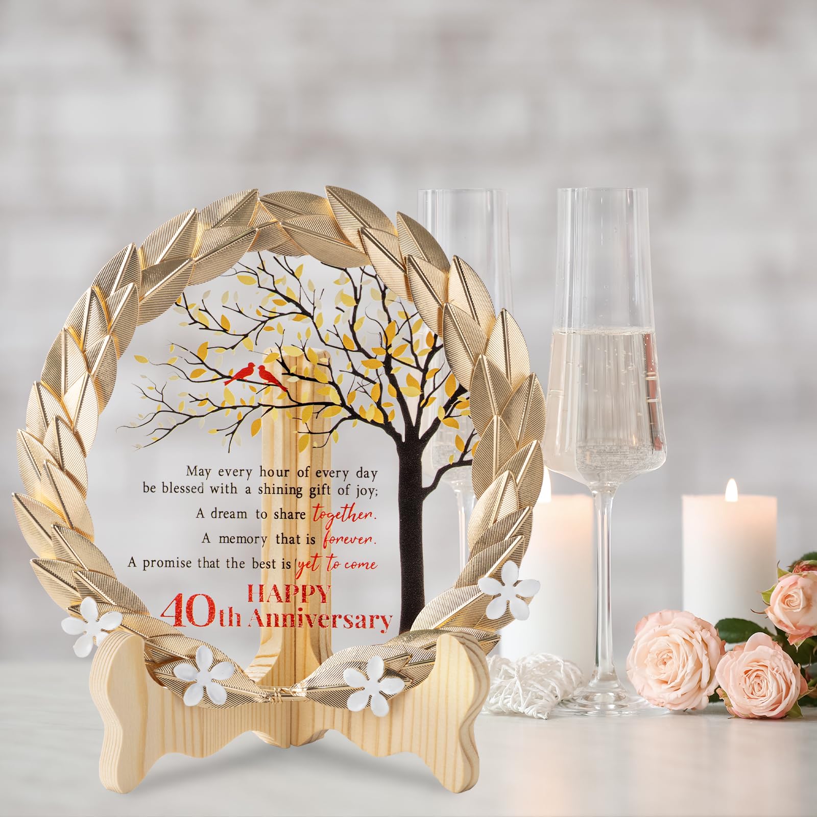 40th Anniversary Wedding Gift Crystal Plate with Gold Leaf Wreath - Happy 40th Anniversary Wedding Decorations Gifts for Parents Couple - 40th Wedding Anniversary Unique Gift