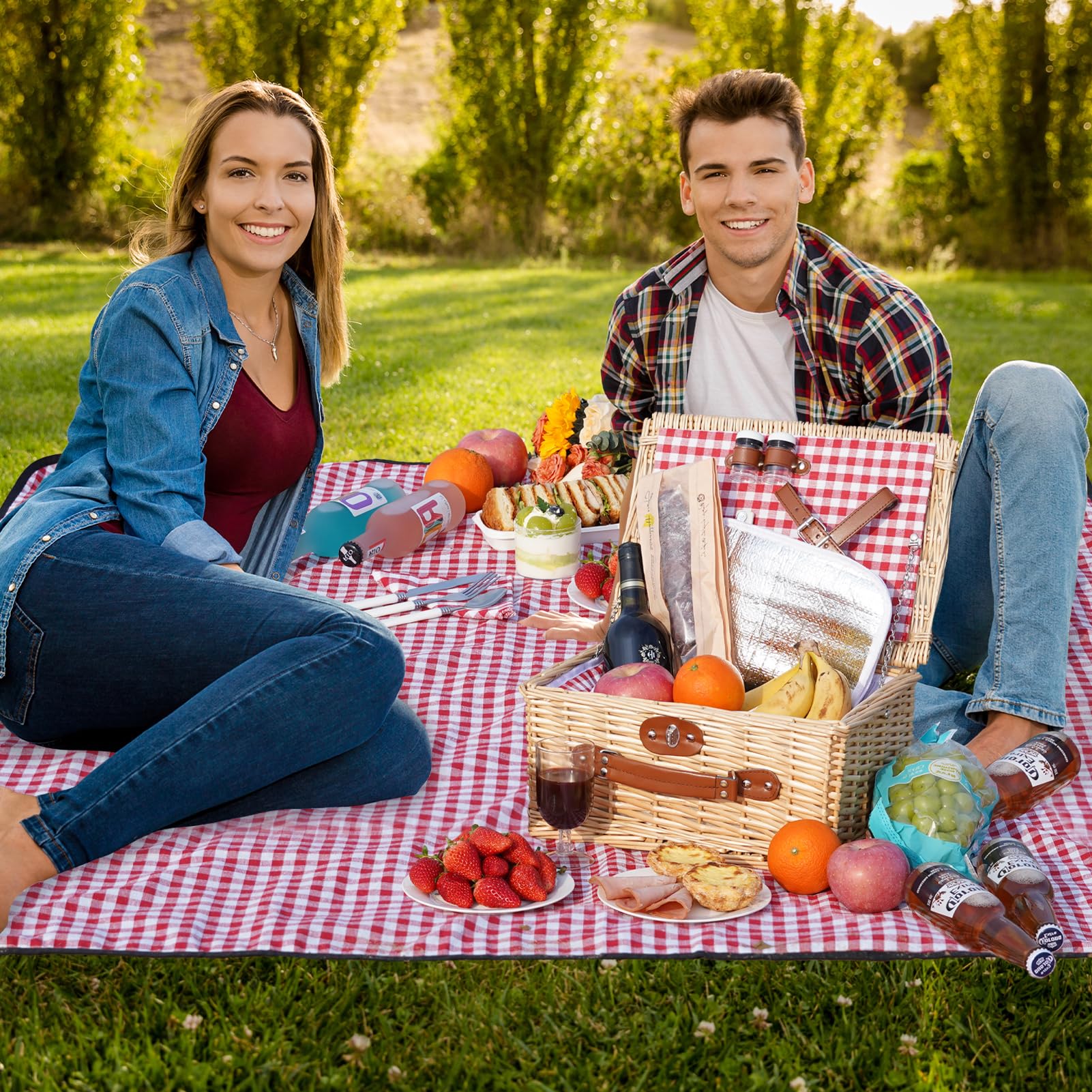 Picknickkorb für 2 Personen, Picknickkorb-Set mit Kühlfach und wasserdichte Picknickdecke, Besteck Set, Handgefertigtes Weidenkorb Picknick Korb Geschenk für Camping, Strand, Wandern (RotCheck)