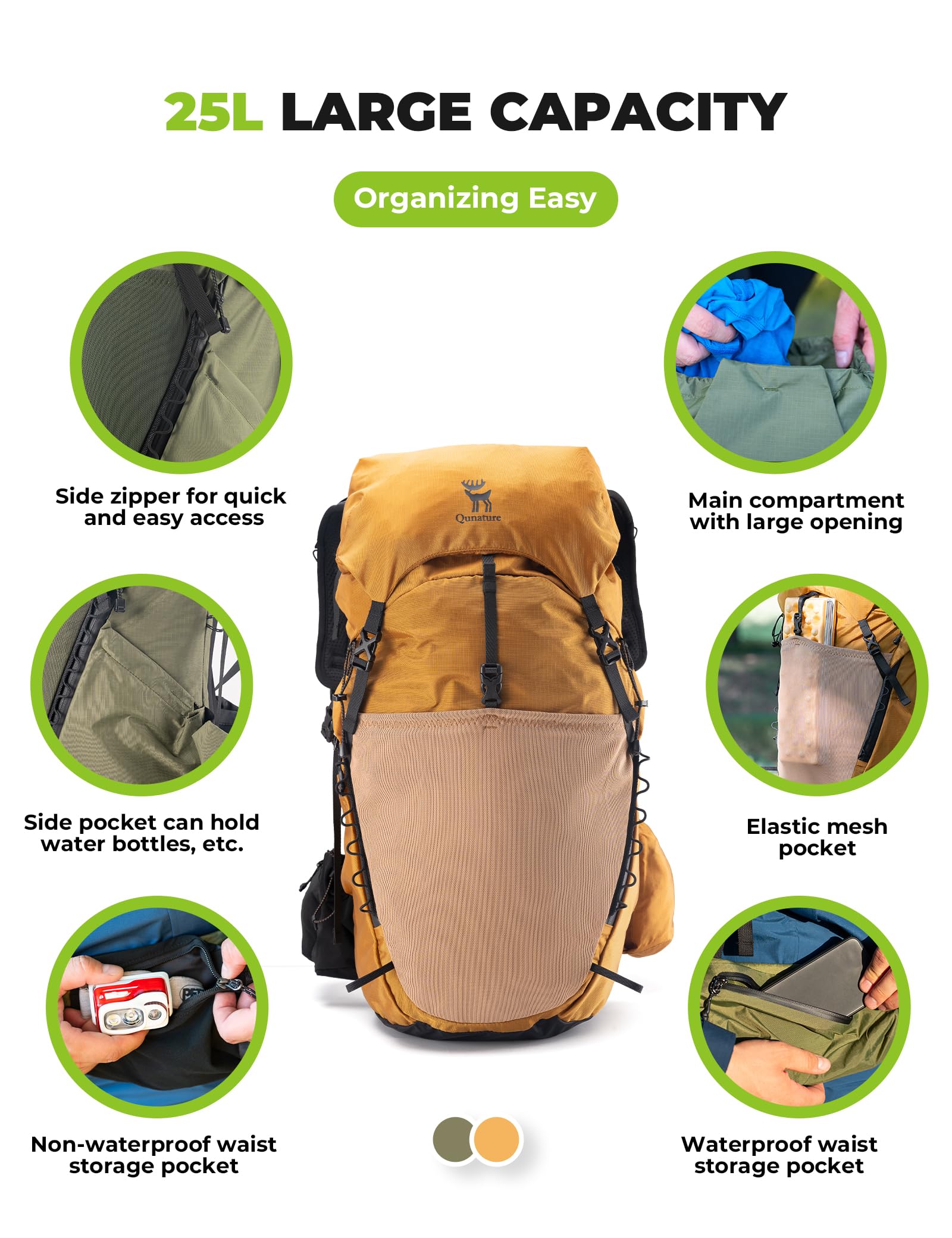 Mochila de Senderismo Impermeable 25L, Mochila de Trekking Ultraligera con Funda para Lluvia, Compartimento Superior Desmontable, Sistema de Espalda Transpirable, Caqui