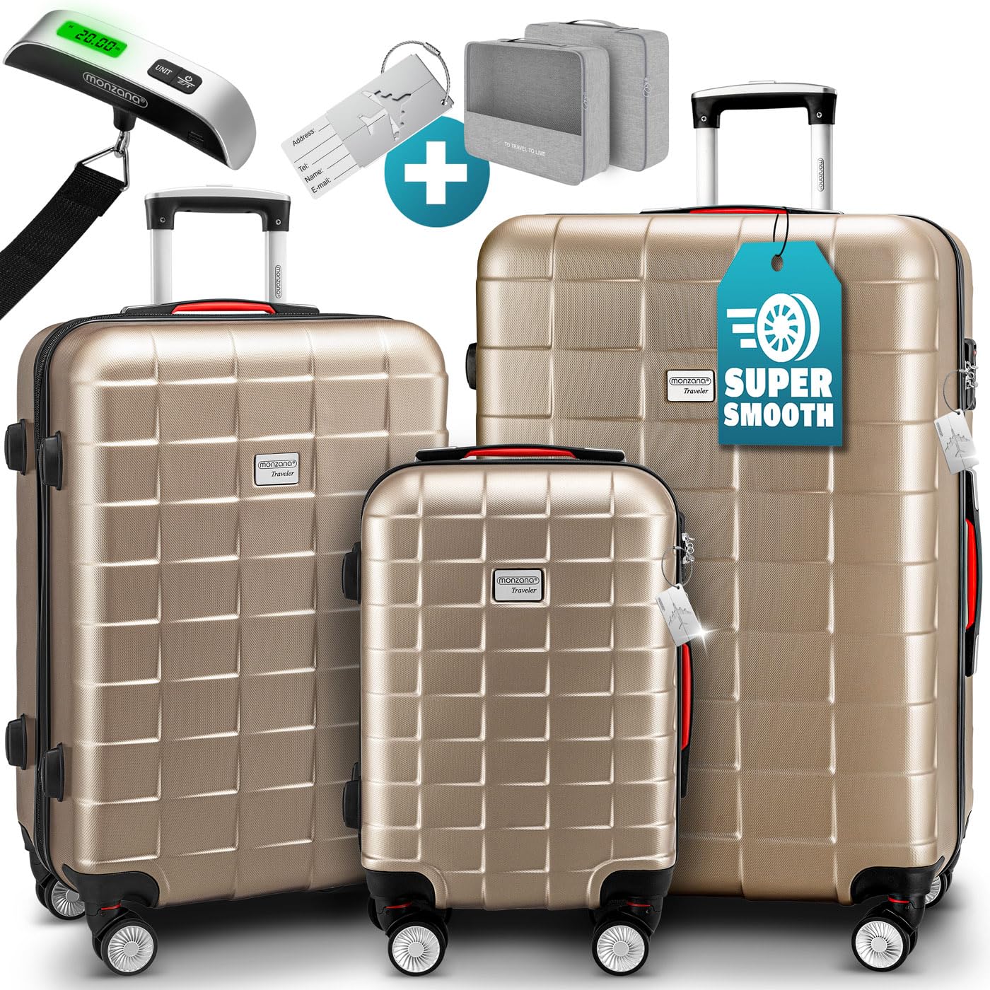 Monzana® 3tlg Kofferset TSA Schloss Organizer Kofferwaage Gel-Griffe Zwillingsrollen Standfüße Trolley Reisekoffer Hartschale Koffer M-L-XL Champagner