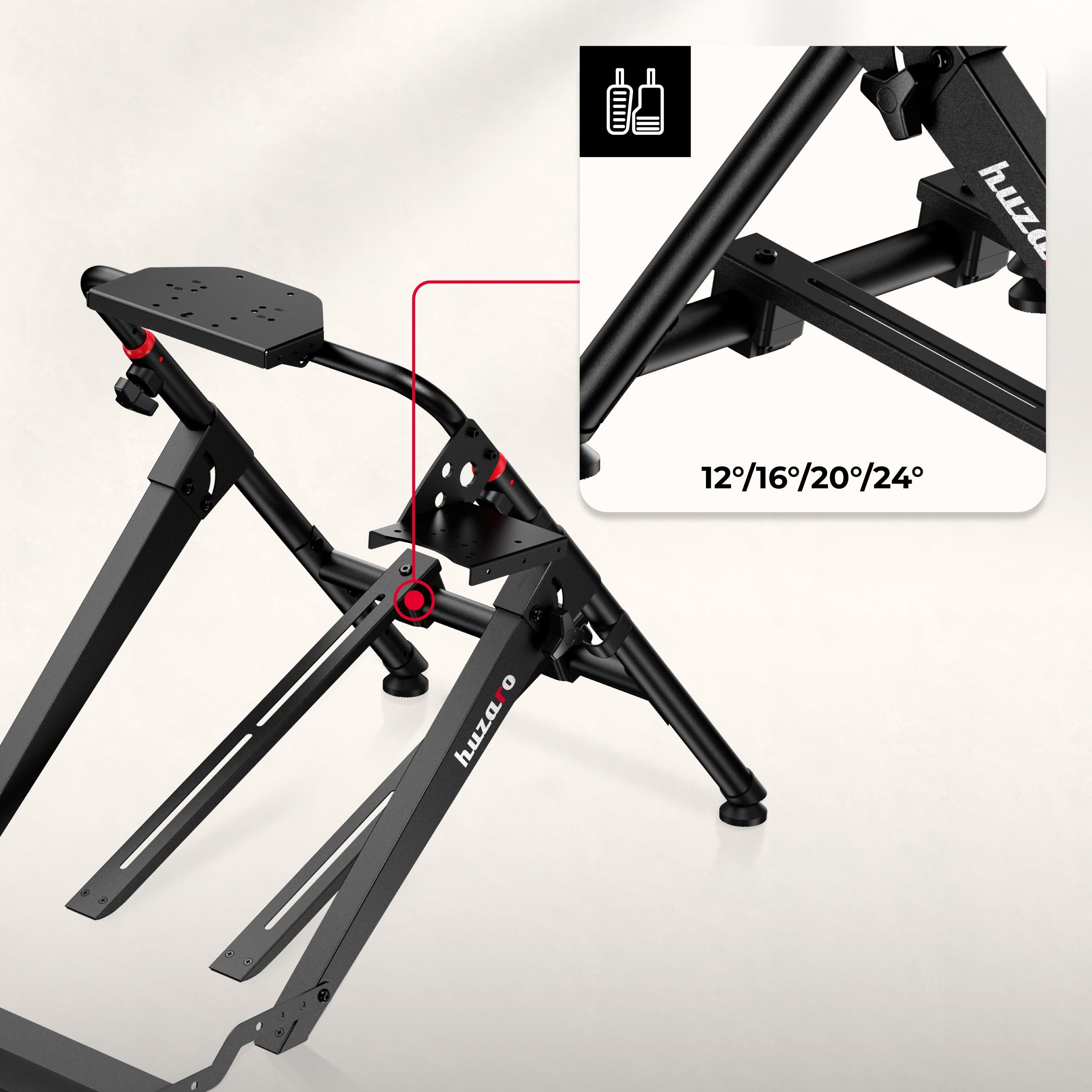 huzaro Speed 4.0, Supporto volante regolabile, compatibile Logitech Thrustmaster Fanatec MOZA Simagic, altezza 65,3-82 cm, blocco sedile, Shifter sinistra/destra, acciaio 1,5 mm