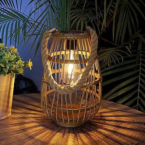 Farol solar para exteriores, farol solar de ratán natural con asa, luces LED decorativas de jardín grandes e impermeables, lámpara de mesa solar de