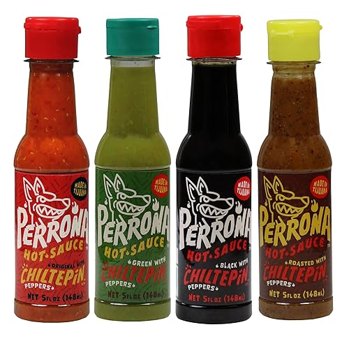 La Perrona Variedad de salsa picante | Chiltepin, asado, verde y negra | Botellas de 5 onzas | Hecho a mano | Salsa Picante paquete de 4