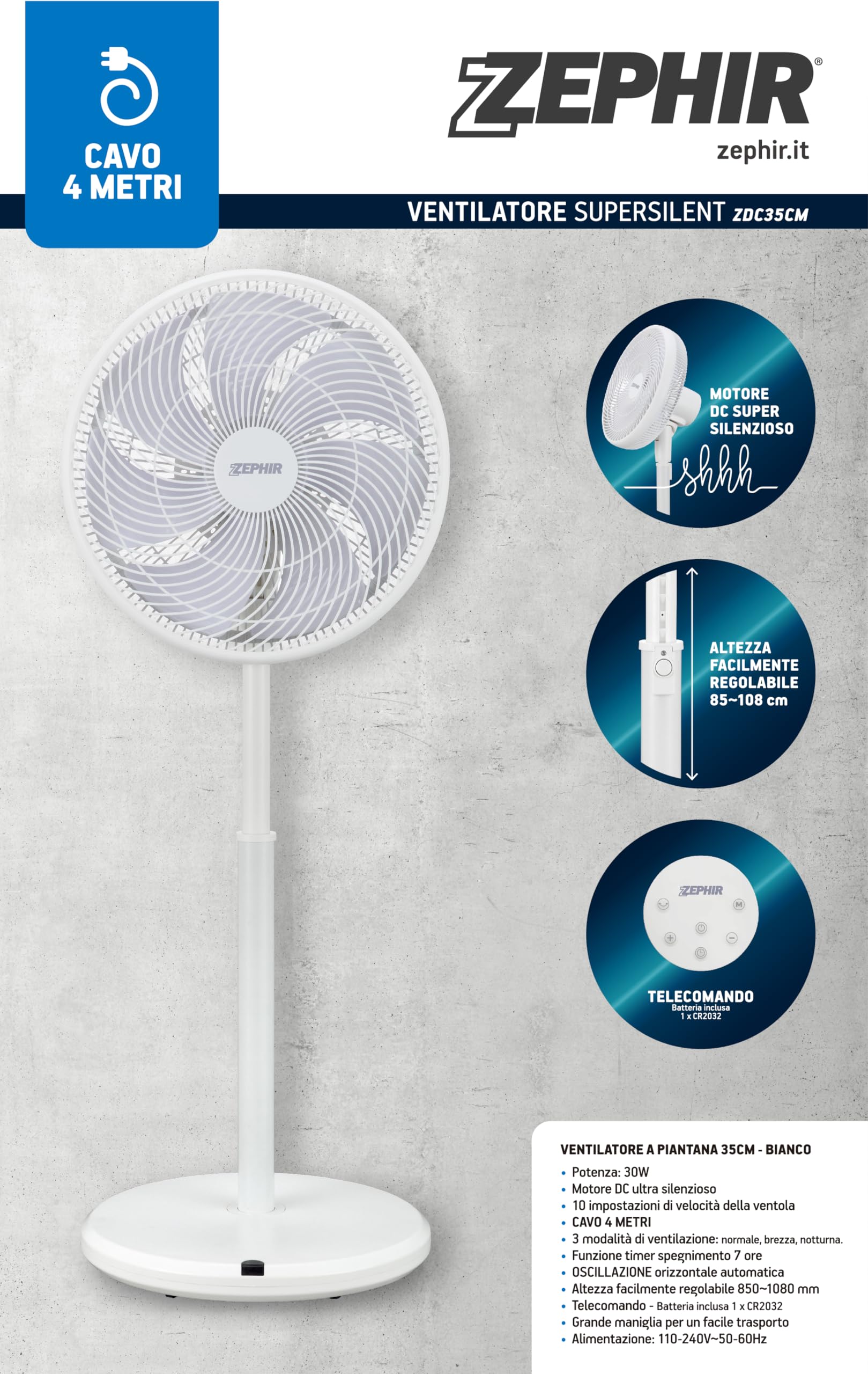 Zephir, Ventilatore Circolare a Piantana 35cm, Motore DC Ultra Silenzioso, 3 Modalità di Ventilazione,10 Velocità, Altezza 850-1080 mm, Telecomando, Timer, Potenza 30W, Cavo 4m